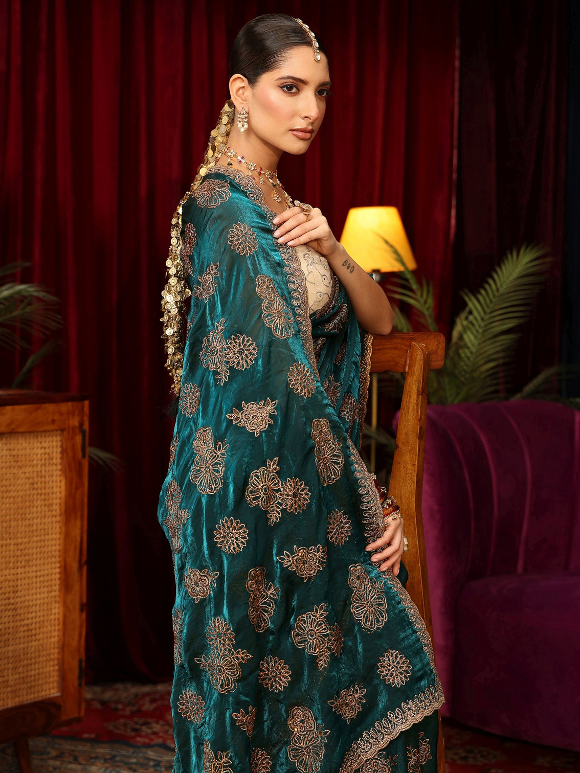Mameraa Art Teal Green Floral Embellished Tissue Saree