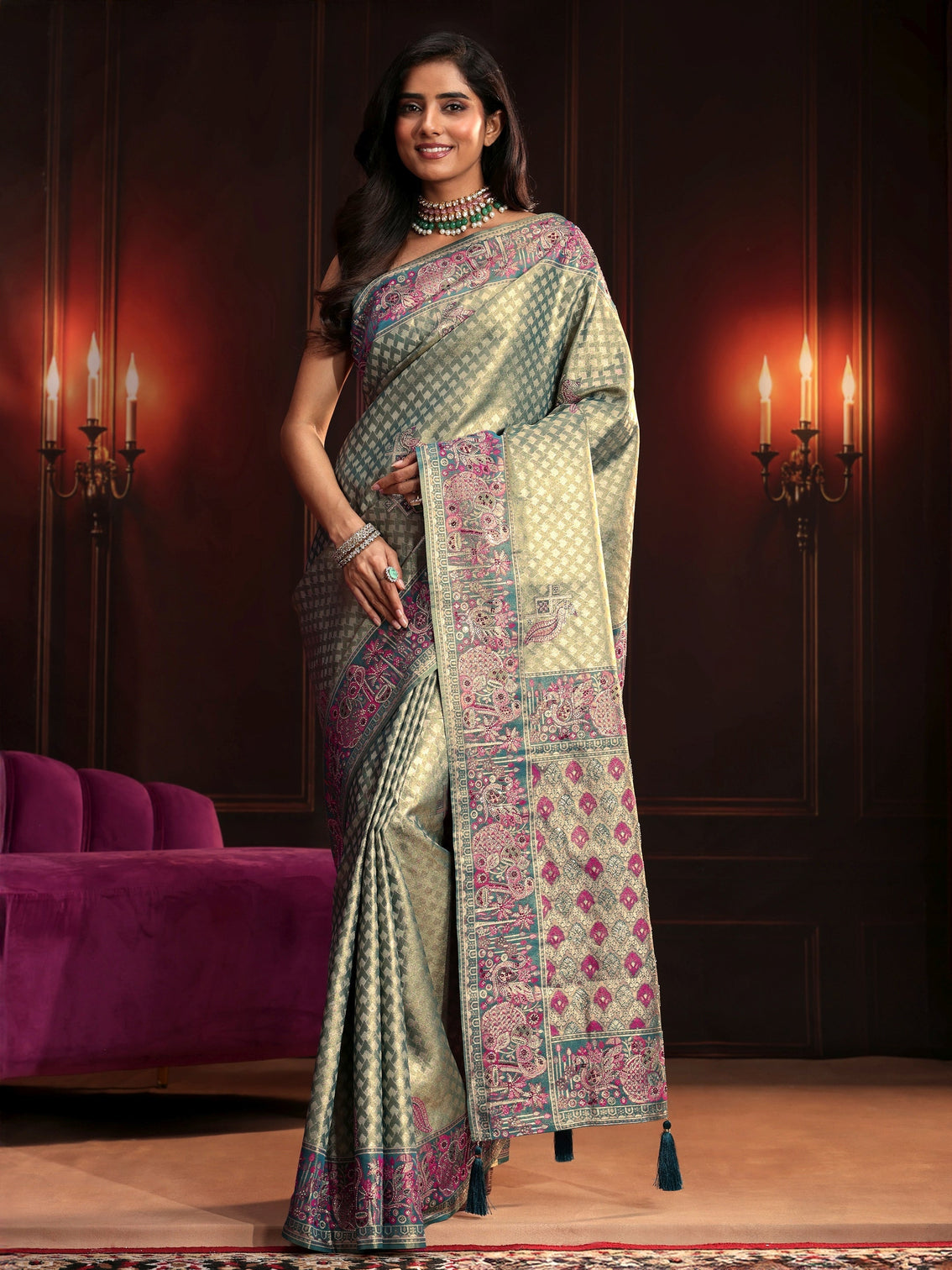 Mameraa Art Teal Green Woven Design Silk Blend Saree