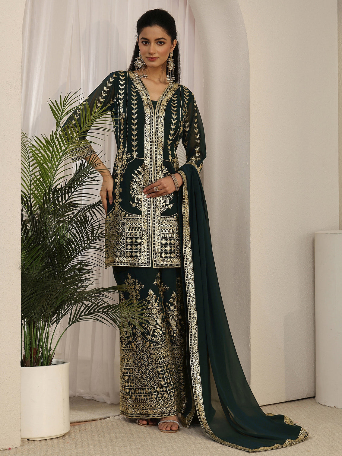 Mameraa Art Teal Green Zari Embroidered Georgette Palazzo Suit Set