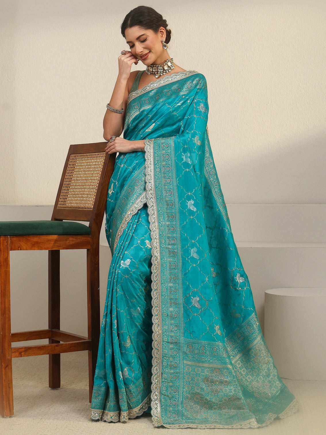 Mameraa Art Turquoise Blue Woven Design Silk Blend Saree