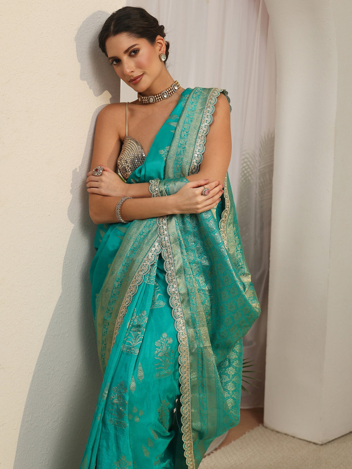 Mameraa Art Turquoise Flower Woven Design Satin Saree