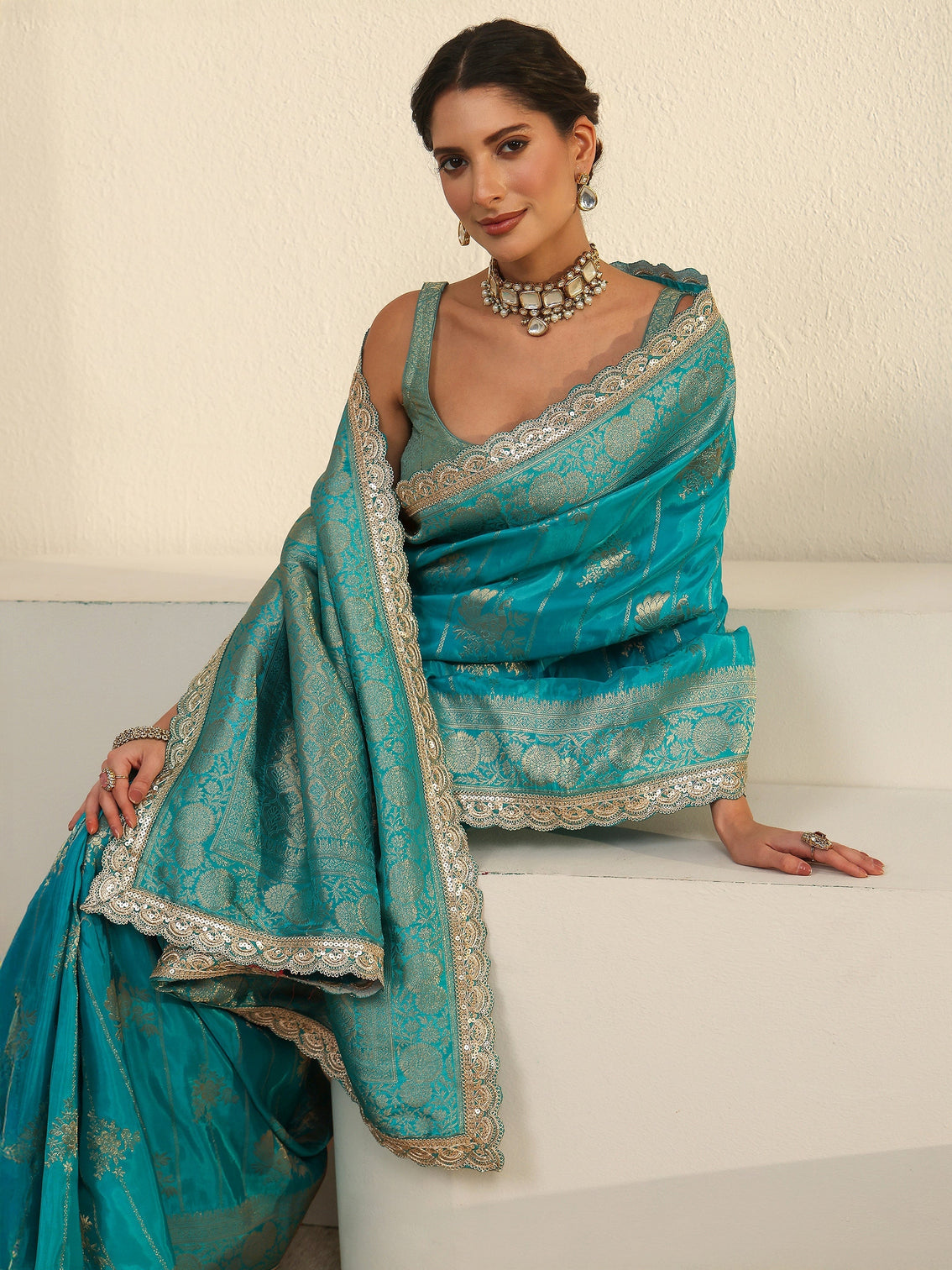 Mameraa Art Turquoise Peacock Woven Design Silk Blend Saree