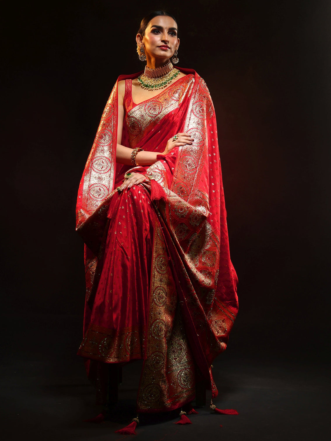 Mameraa Art Vermilion Red Embellished Banarasi Silk Blend Saree with Dupatta