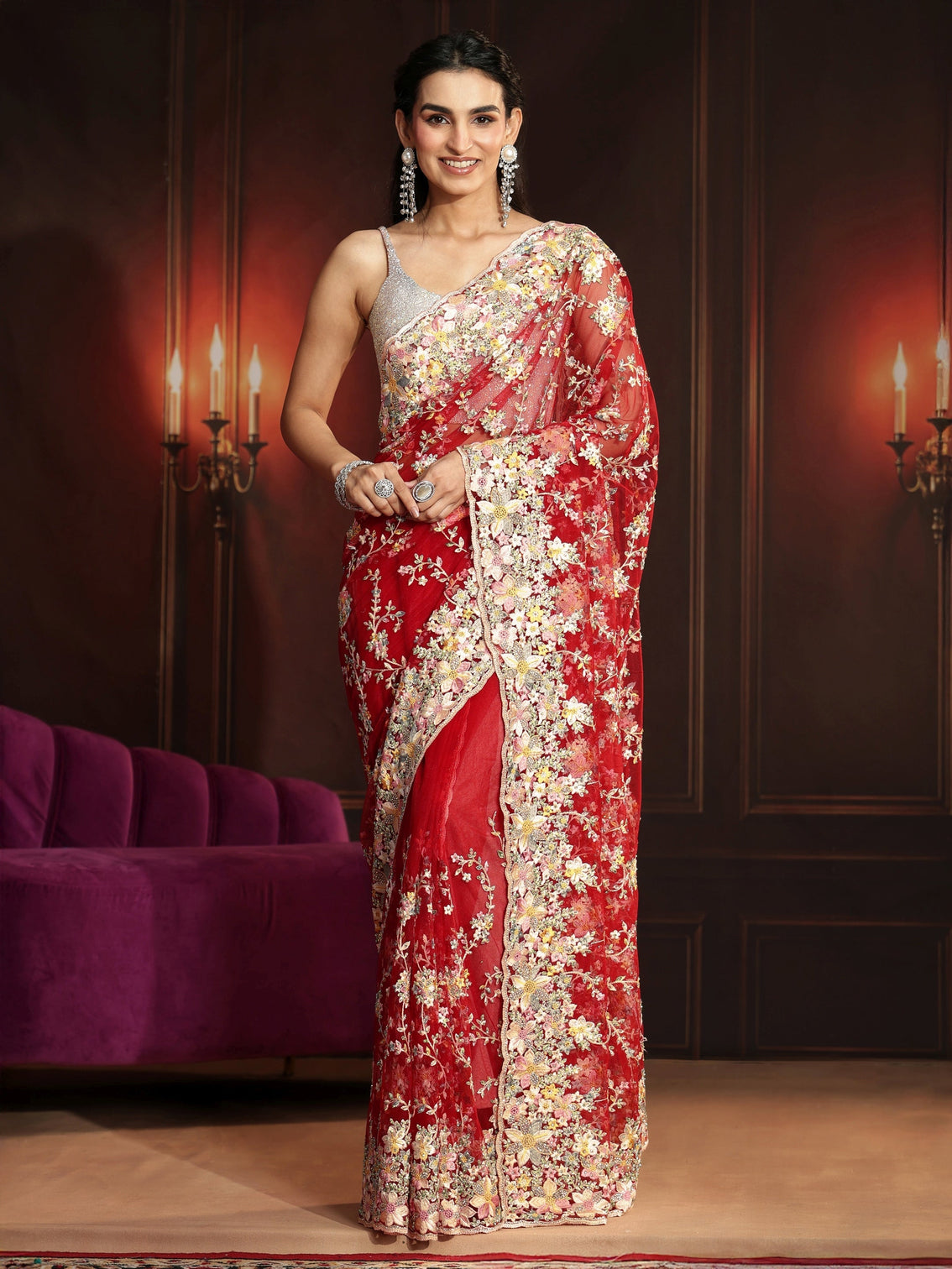 Mameraa Art Vermilion Red Floral Embroidered Net Saree