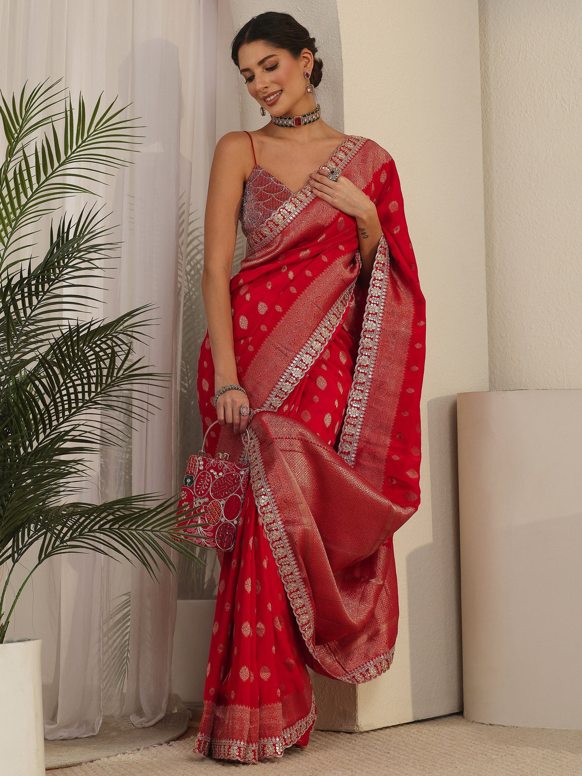 Mameraa Art Vermillion Red Woven Design Silk Blend Saree