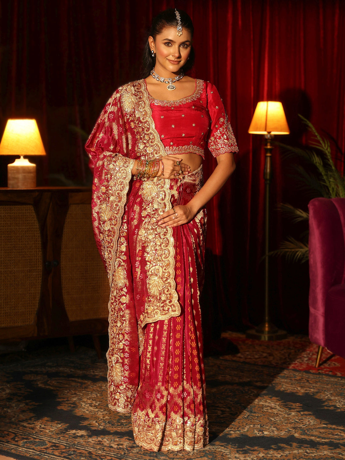 Mameraa Art Vermillion Red Woven Design Silk Blend Saree with Embellished Border