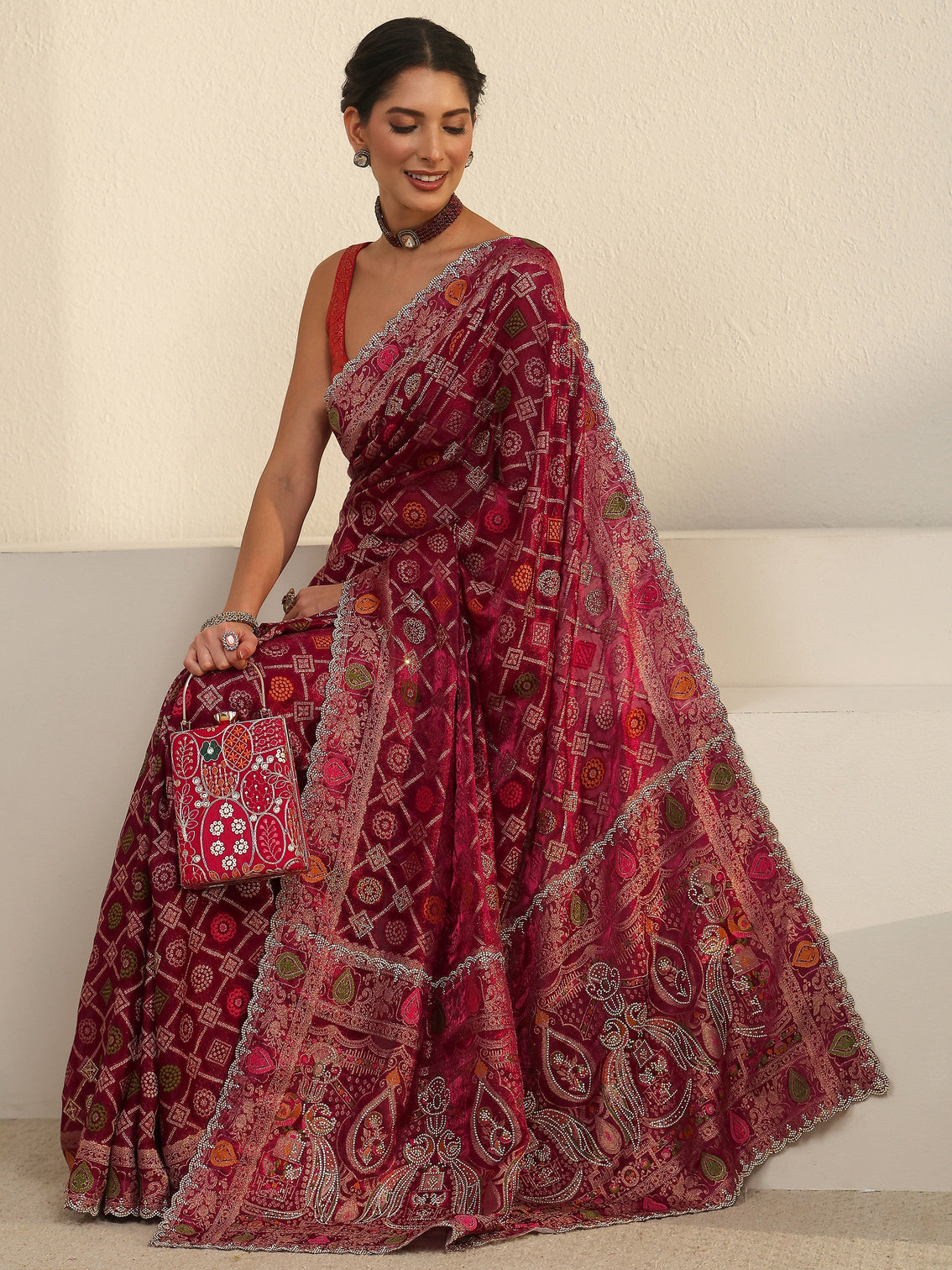 Mameraa Art Wine Bandhani Embellished Chiffon Saree