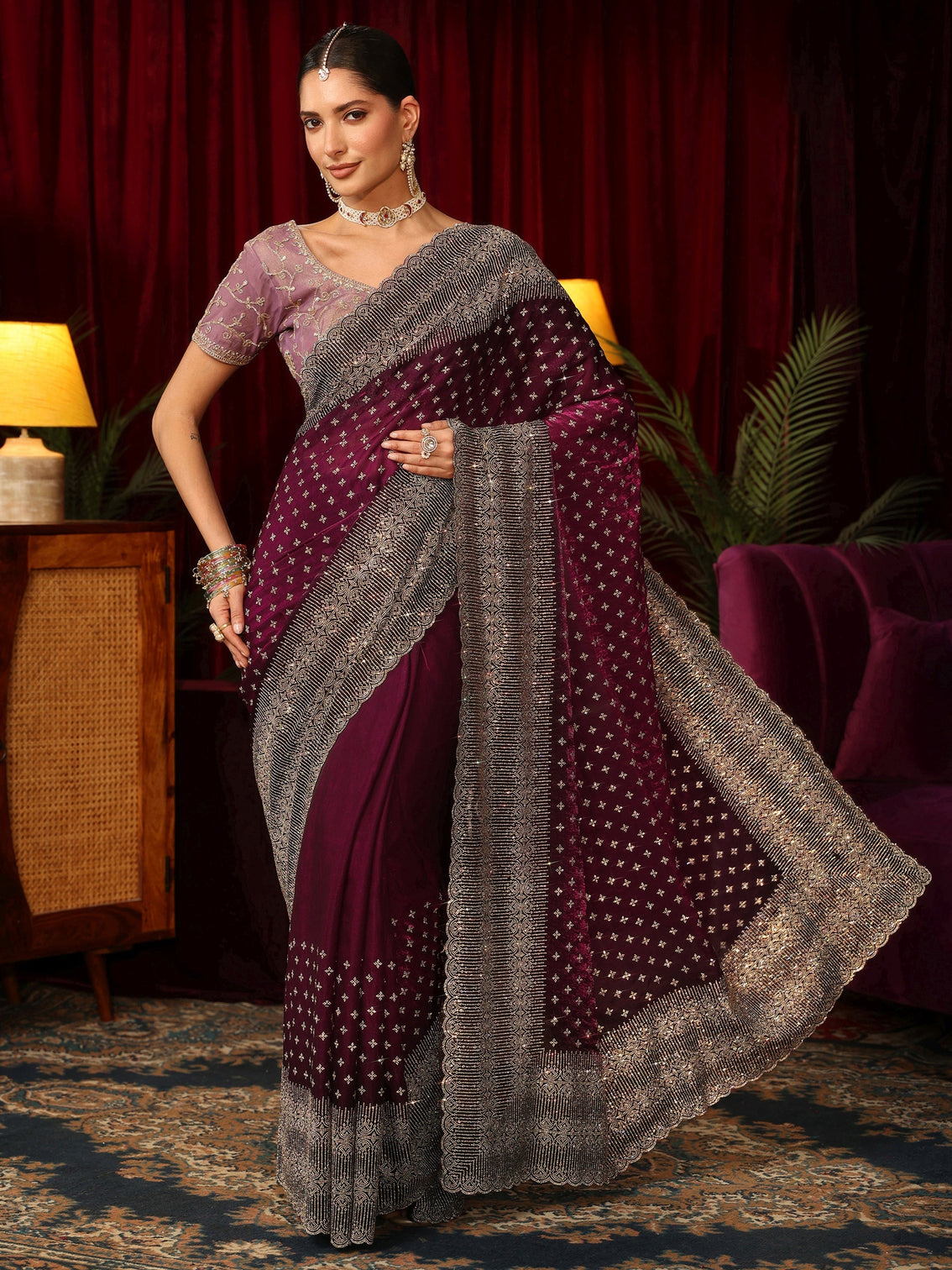Mameraa Art Wine Stone Work Embellished Tissue Saree