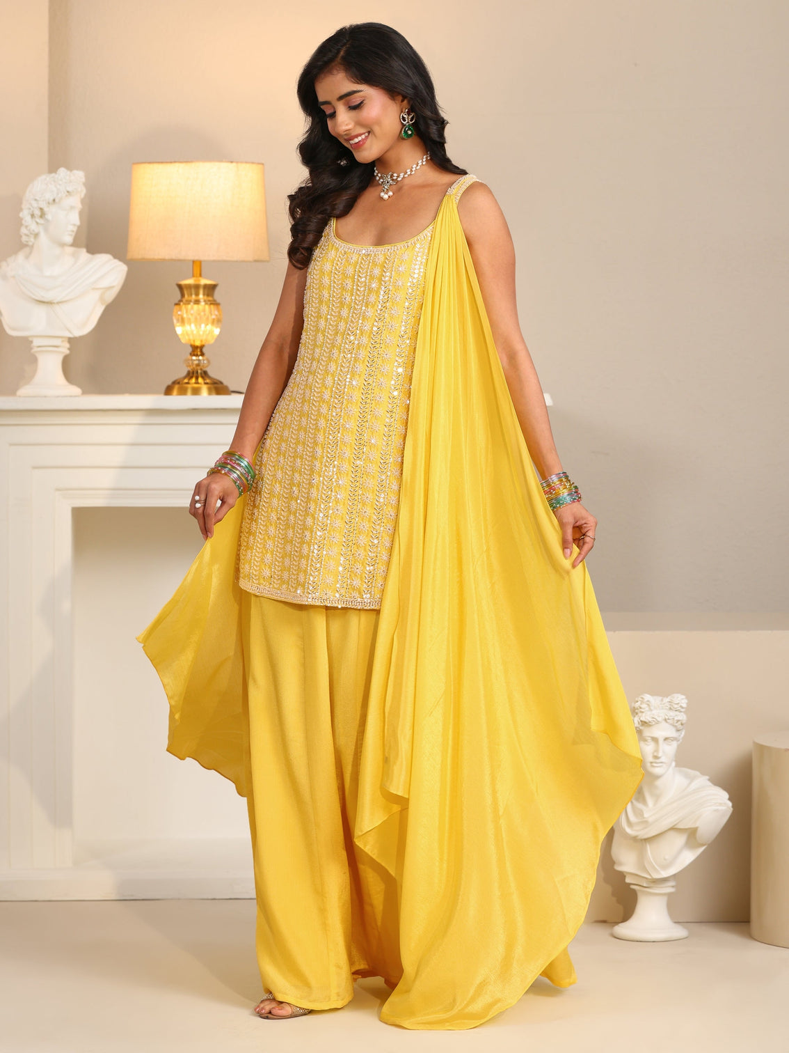 Mameraa Art Yellow Embellished Strappy Chinon Palazzo Suit Set