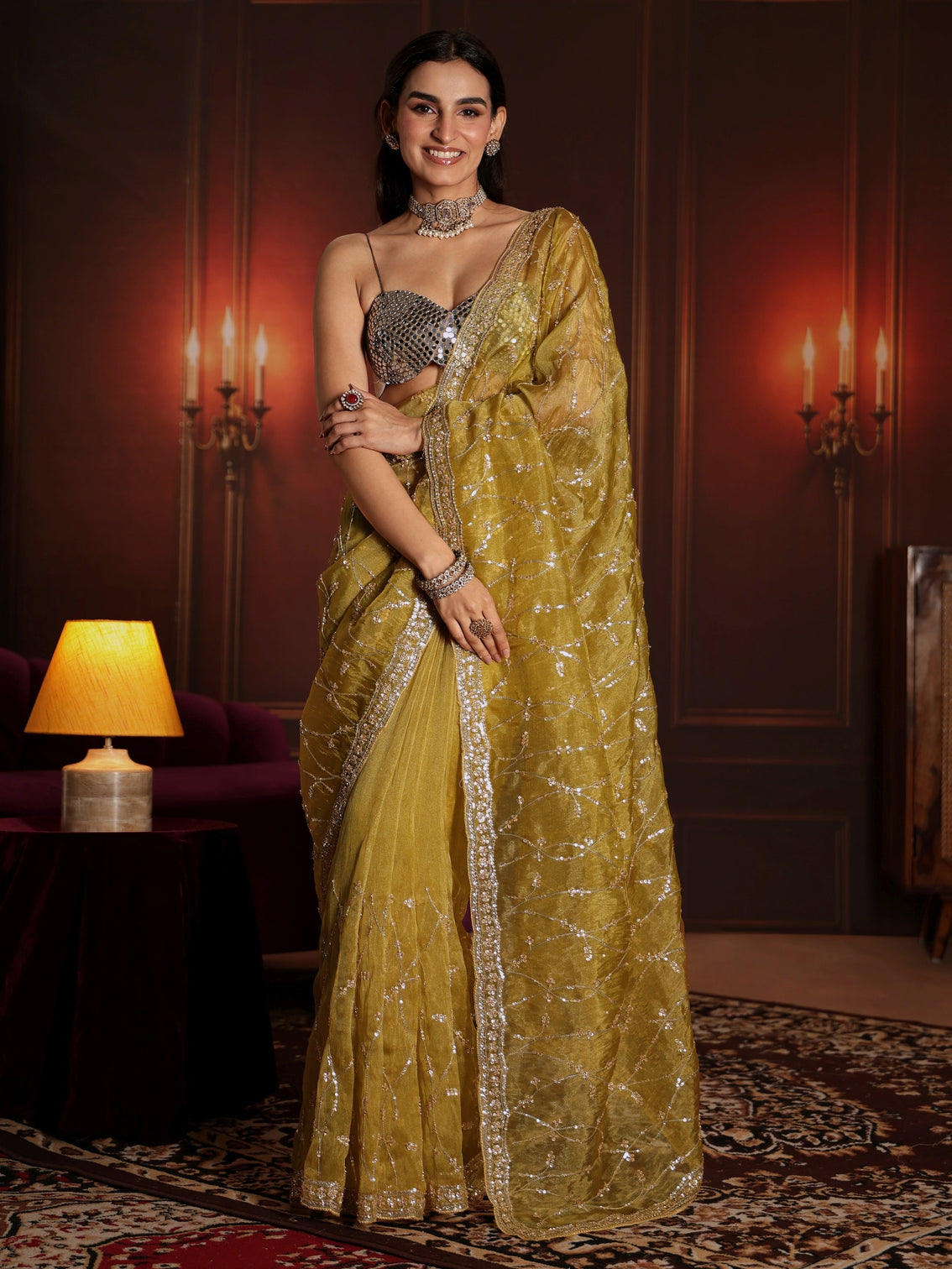 Mameraa Art Yellow Embellished Tissue Saree