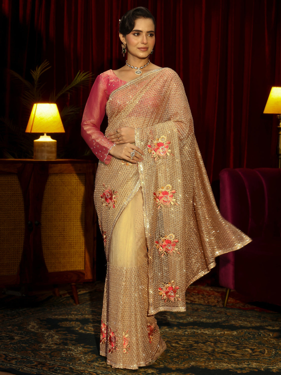 Mameraa Art Yellow Floral Embellished Net Saree