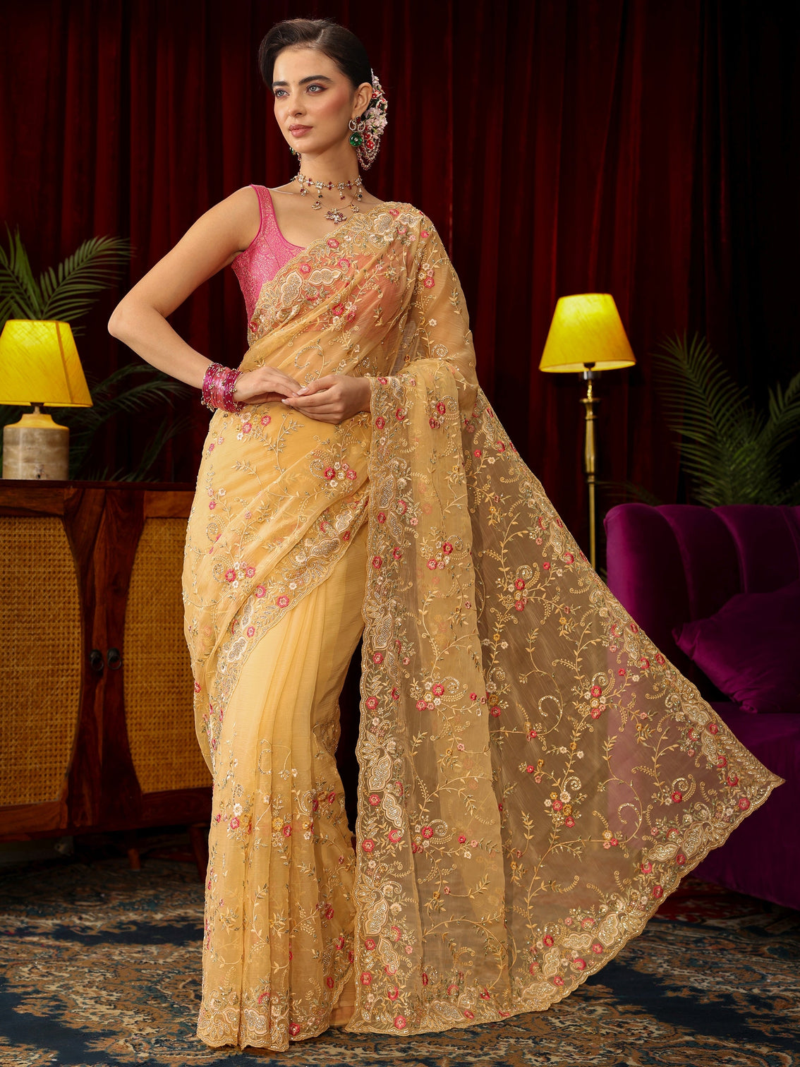 Mameraa Art Yellow Floral Embroidered Organza Saree