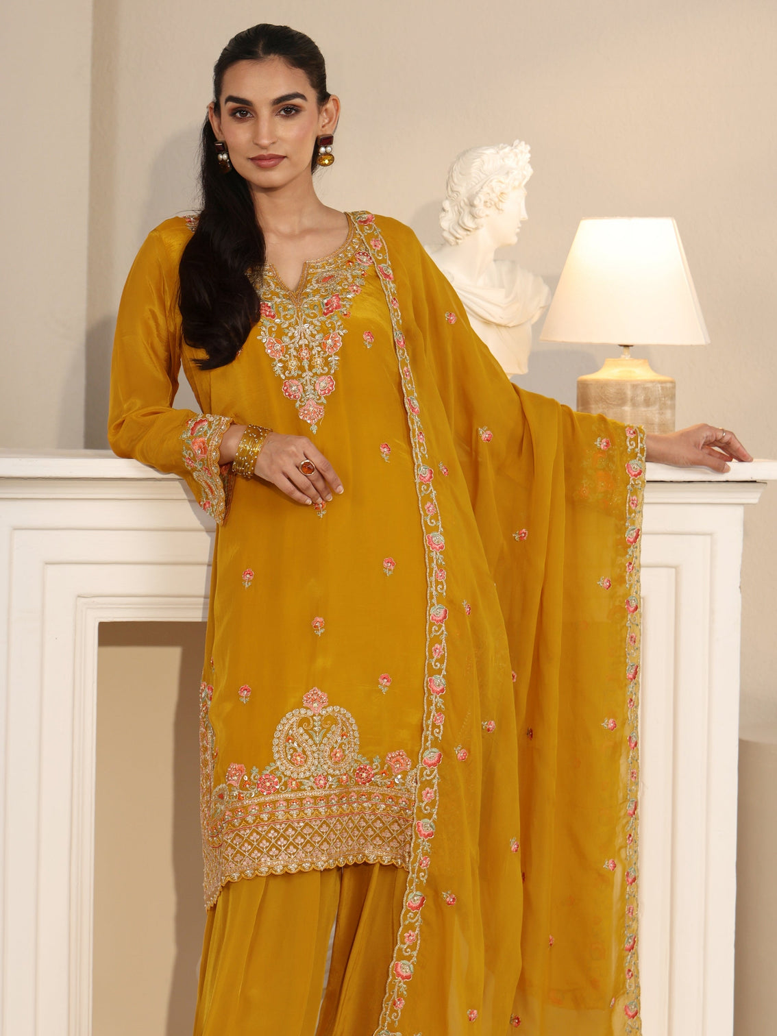 Mameraa Art Yellow Floral Embroidered Organza Straight Suit Set