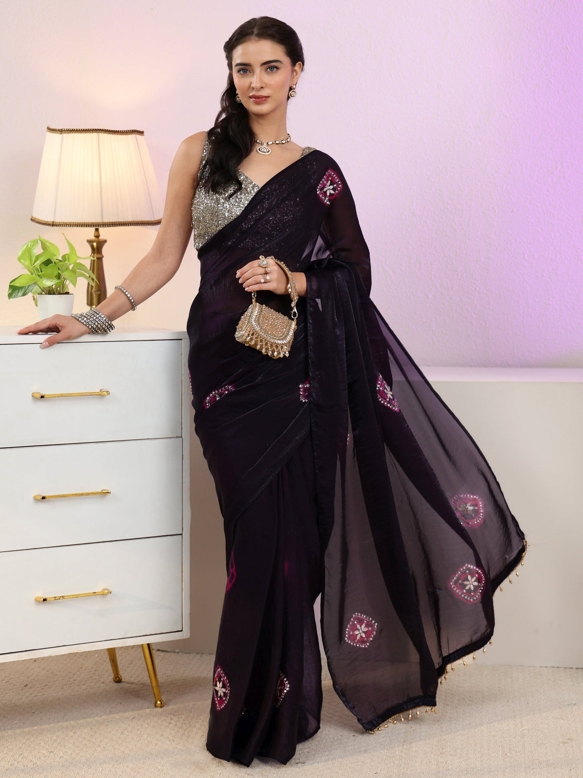 Mameraa Aubergiene Purple Floral Embroidered Tissue Saree