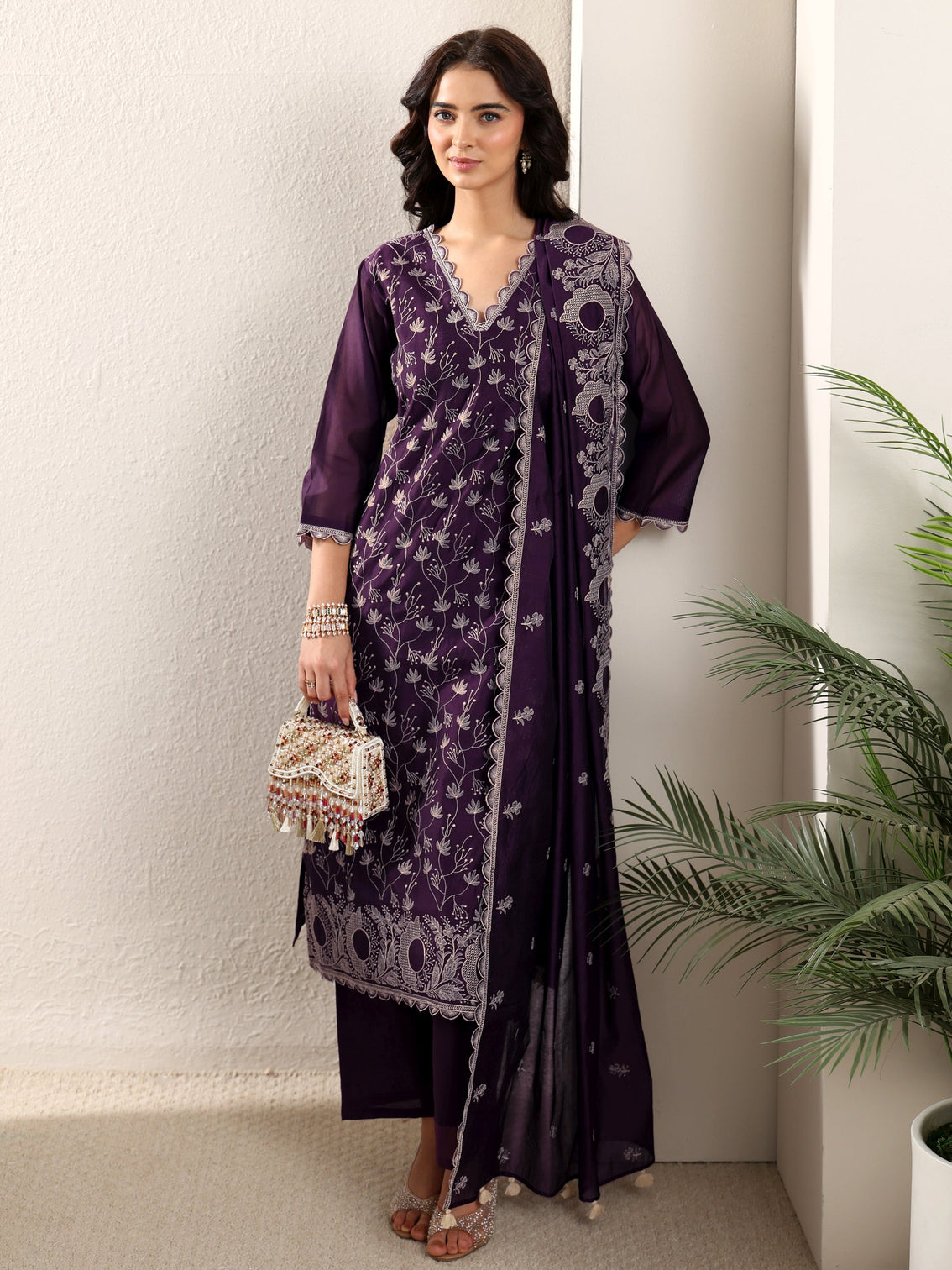 Mameraa Aubergine Purple Embroidered Chanderi Silk Straight Suit Set
