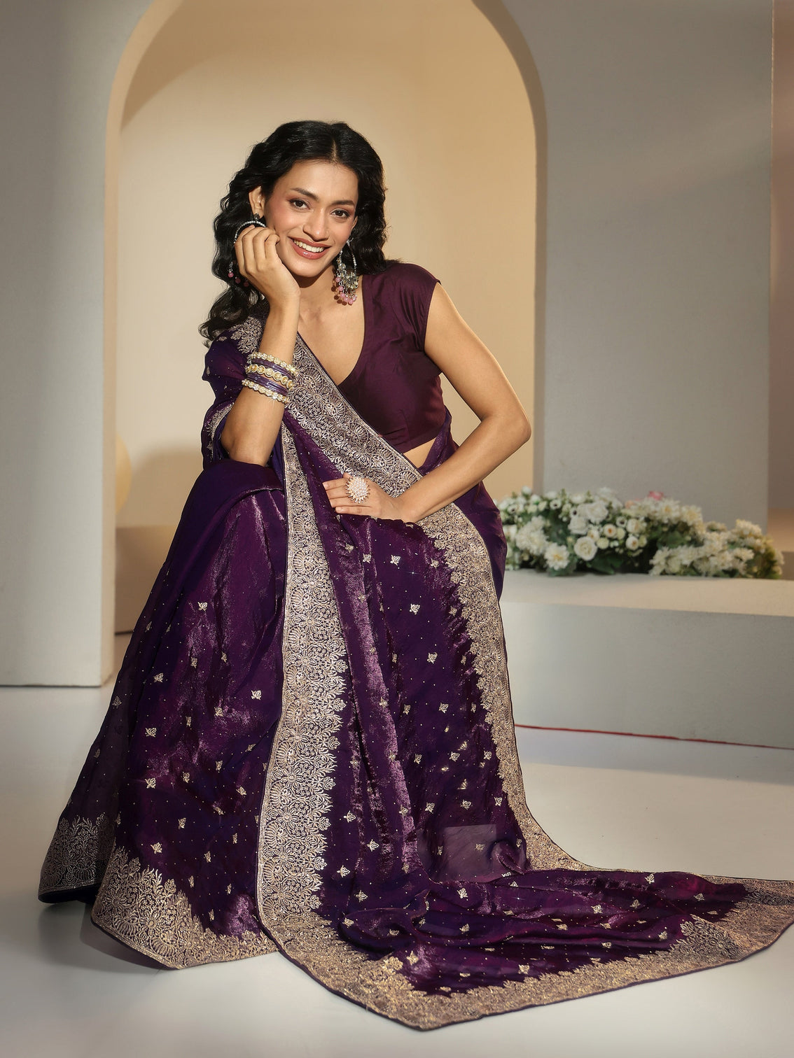 Mameraa Aubergine Purple Embroidered Tissue Saree