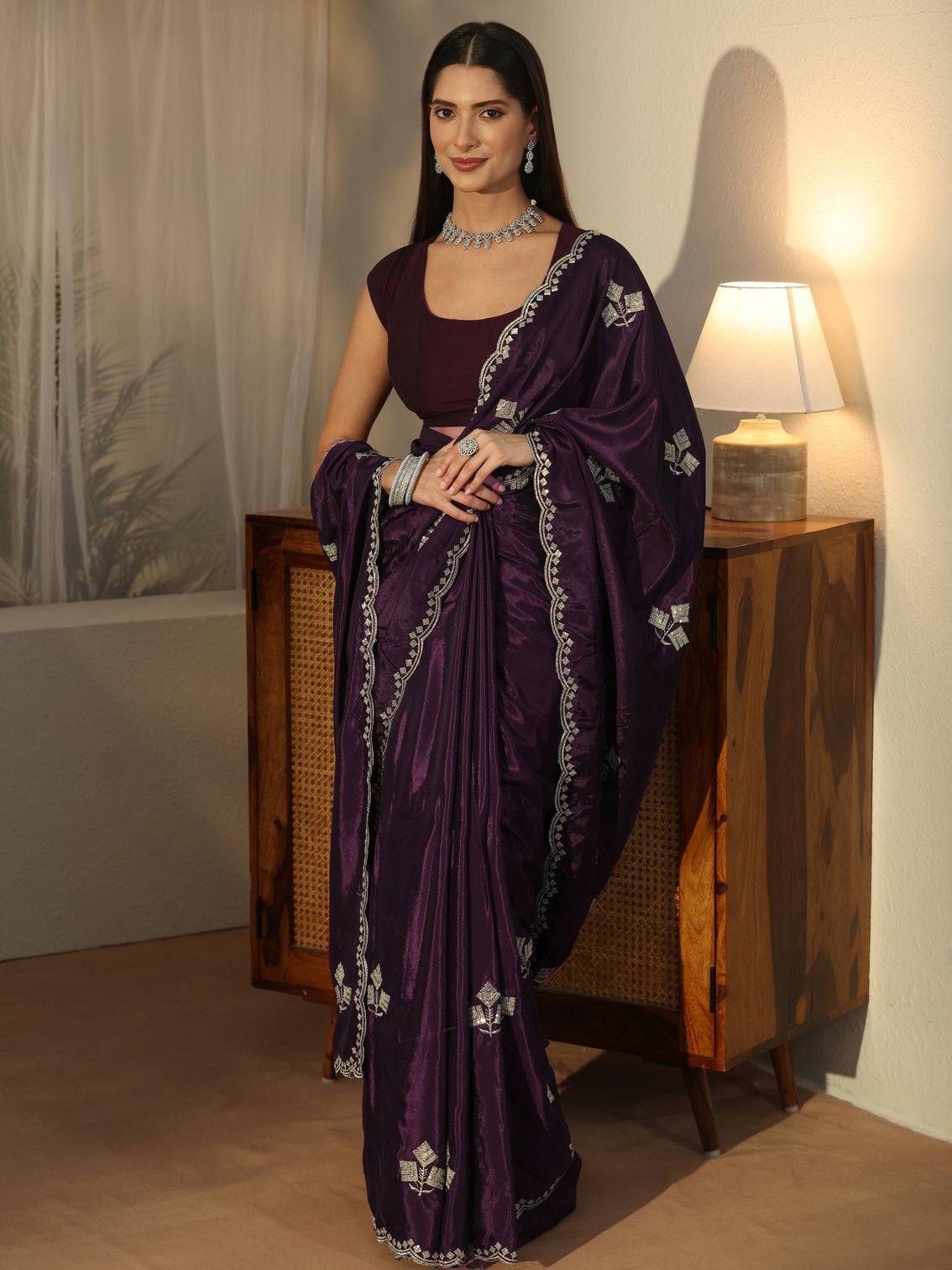 Mameraa Aubergine Purple Floral Embellished Satin Saree
