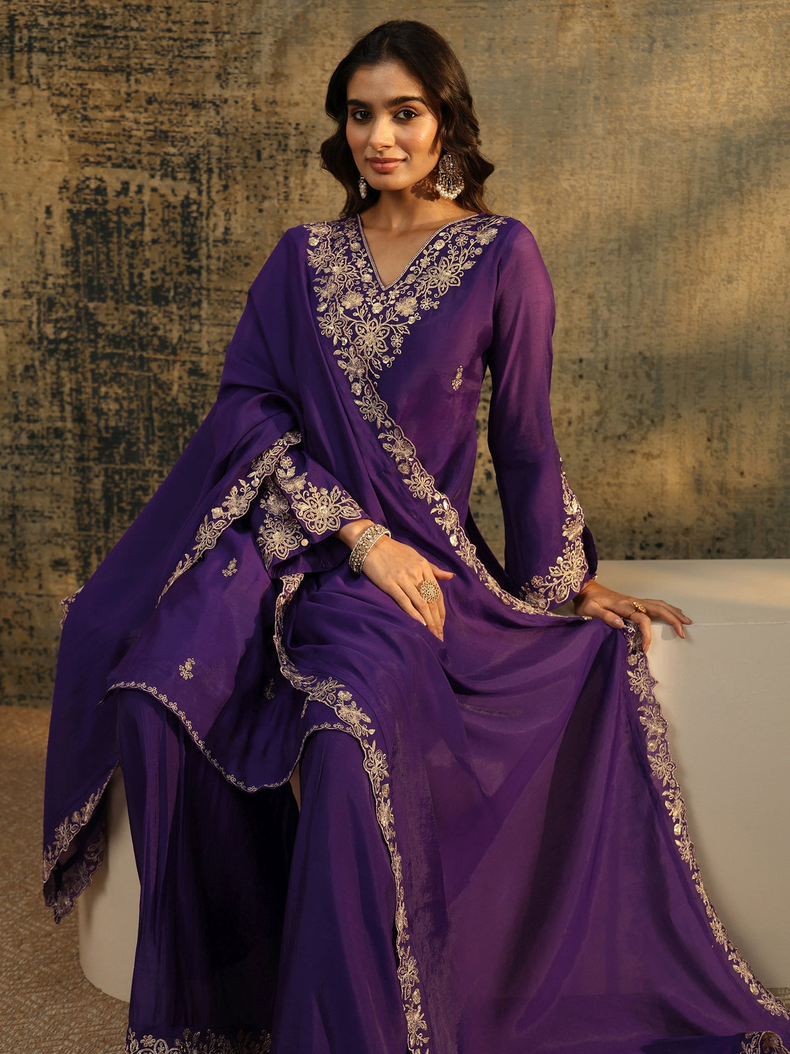 Mameraa Aubergine Purple Floral Embroidered Chanderi Cotton Palazzo Suit Set