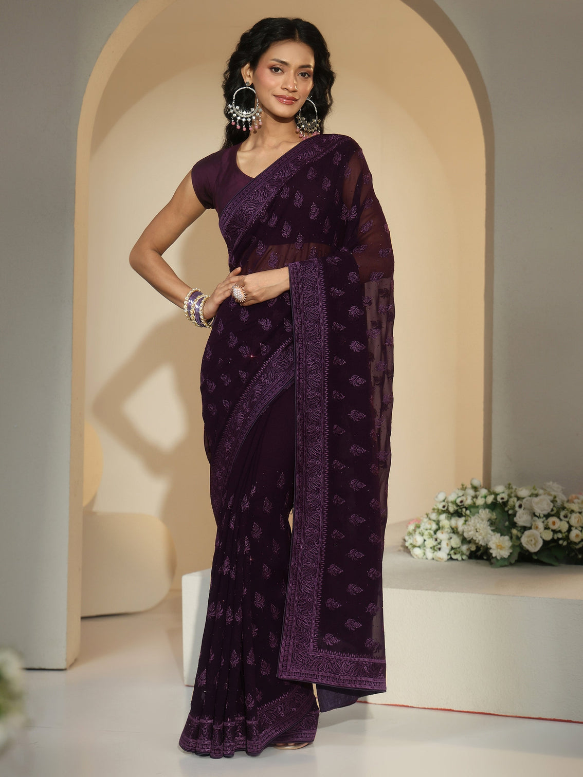 Mameraa Aubergine Purple Floral Embroidered Georgette Saree
