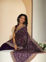 Libas Aubergine Purple Floral Embroidered Georgette Saree