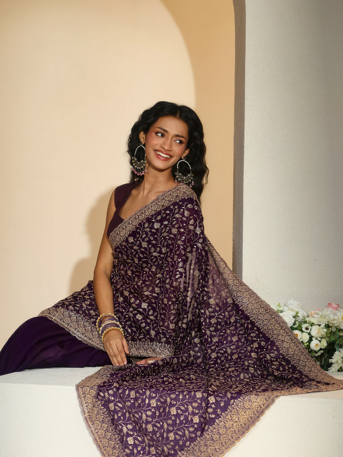 Mameraa Aubergine Purple Floral Embroidered Georgette Saree