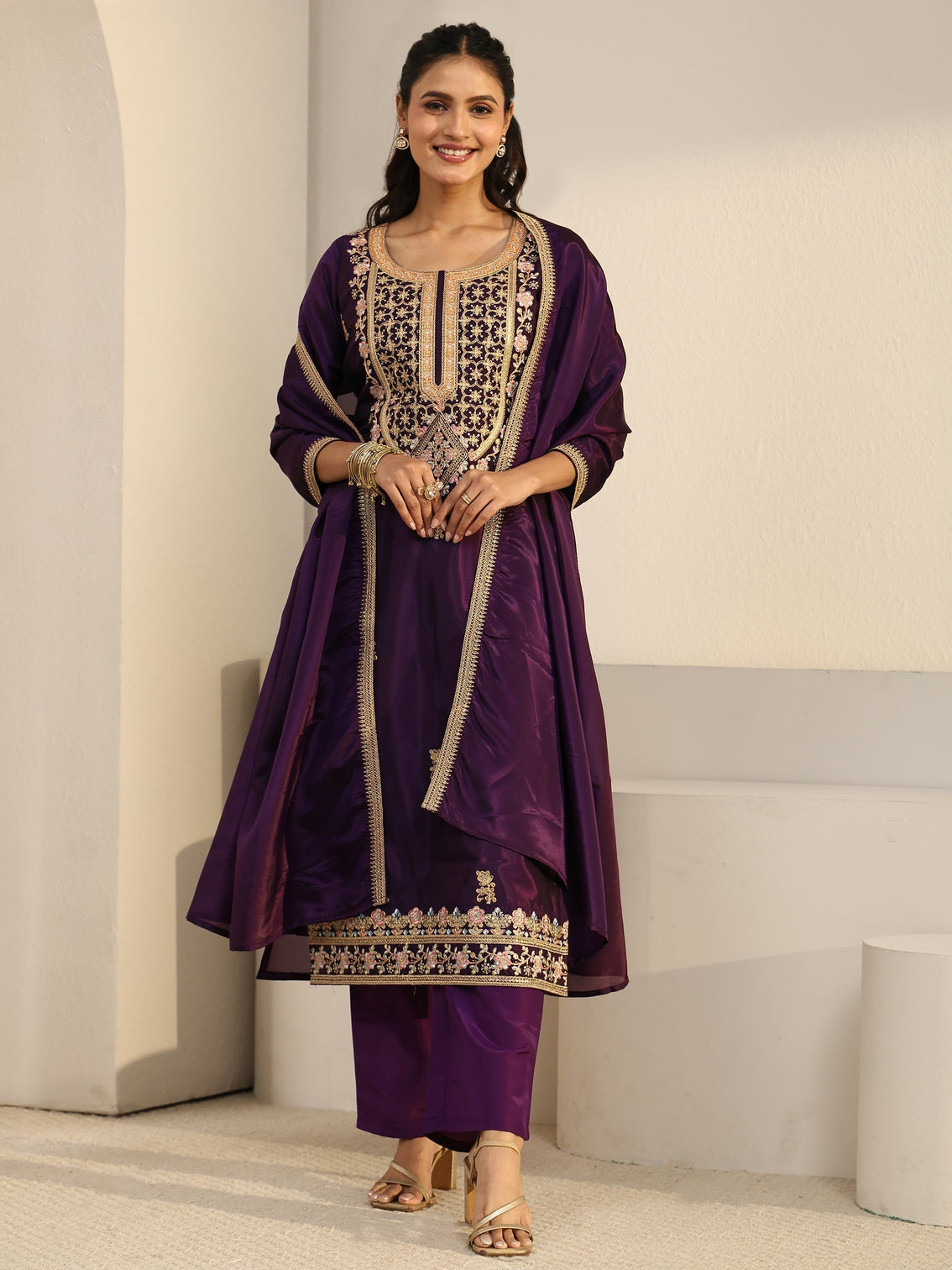 Mameraa Aubergine Purple Floral Embroidered Organza Straight Suit Set