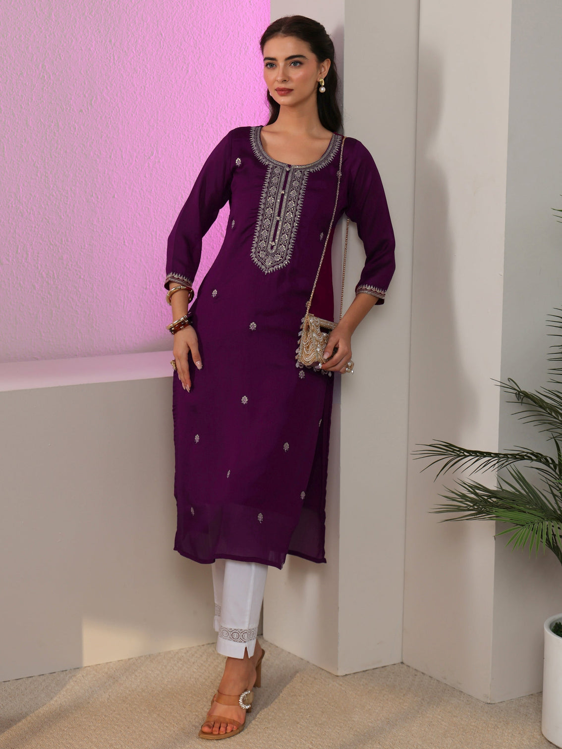 Mameraa Aubergine Purple Floral Embroidered Silk Blend Straight Kurta