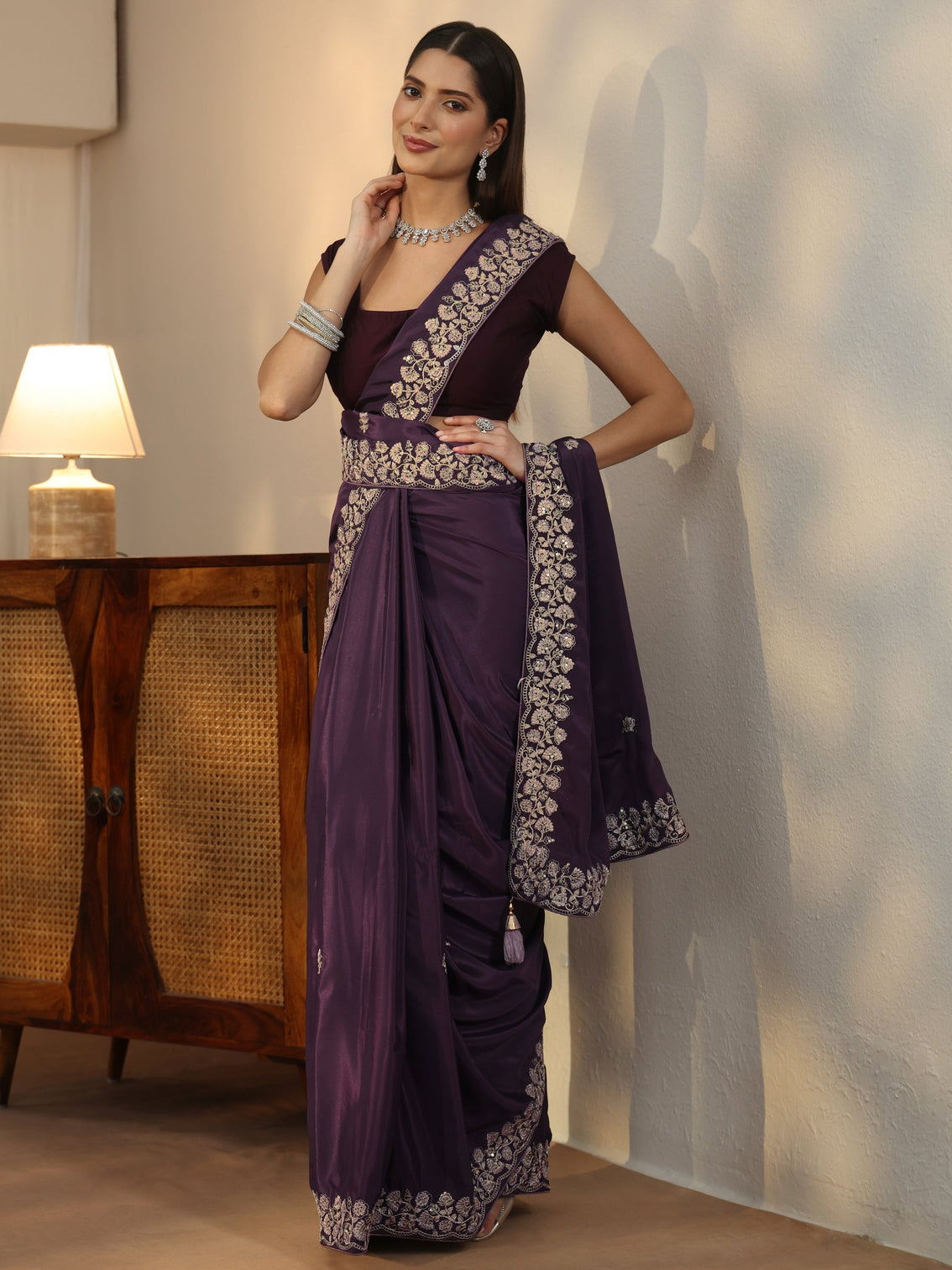Mameraa Aubergine Purple Foral Embroidered Satin Saree