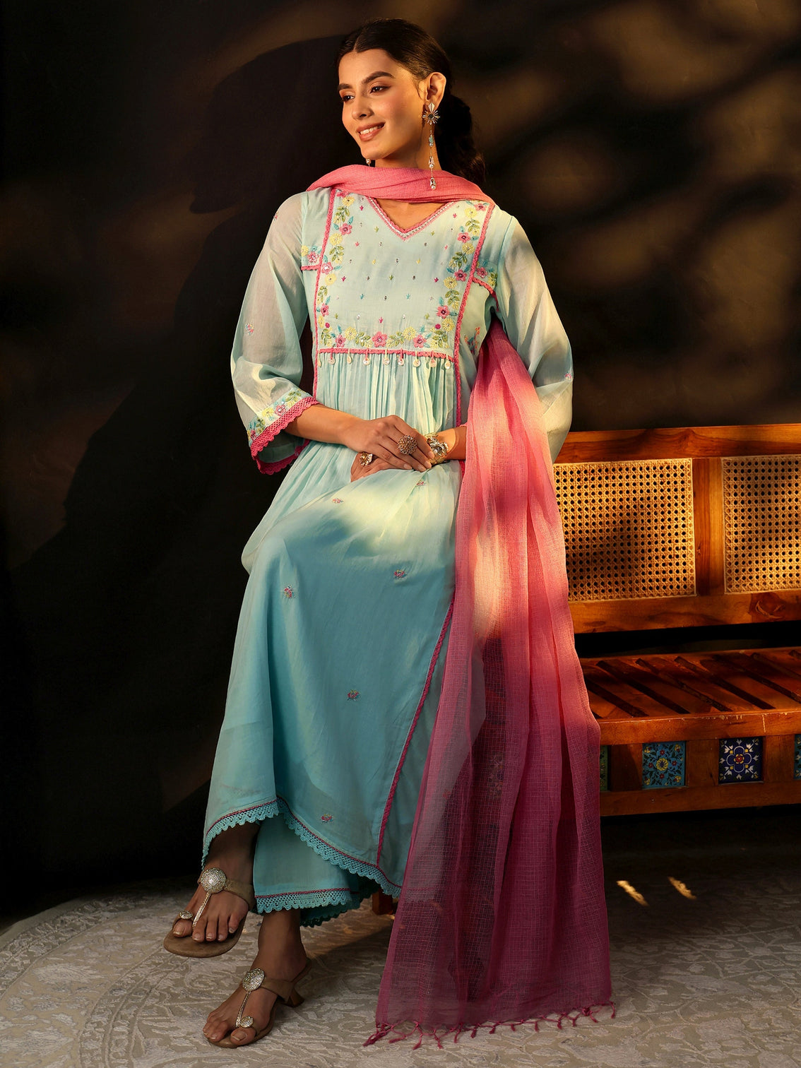 Mameraa Baby Blue Floral Embroidered Cotton Anarkali Suit Set