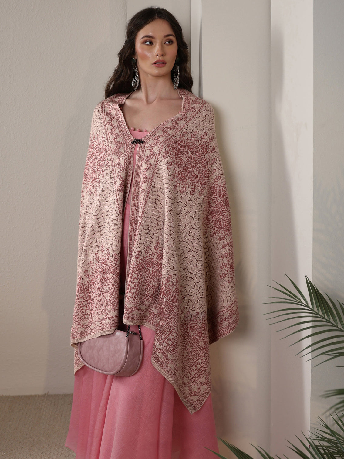 Mameraa Baby Pink Ethnic Embroidered Acrylic Wrap Shawl
