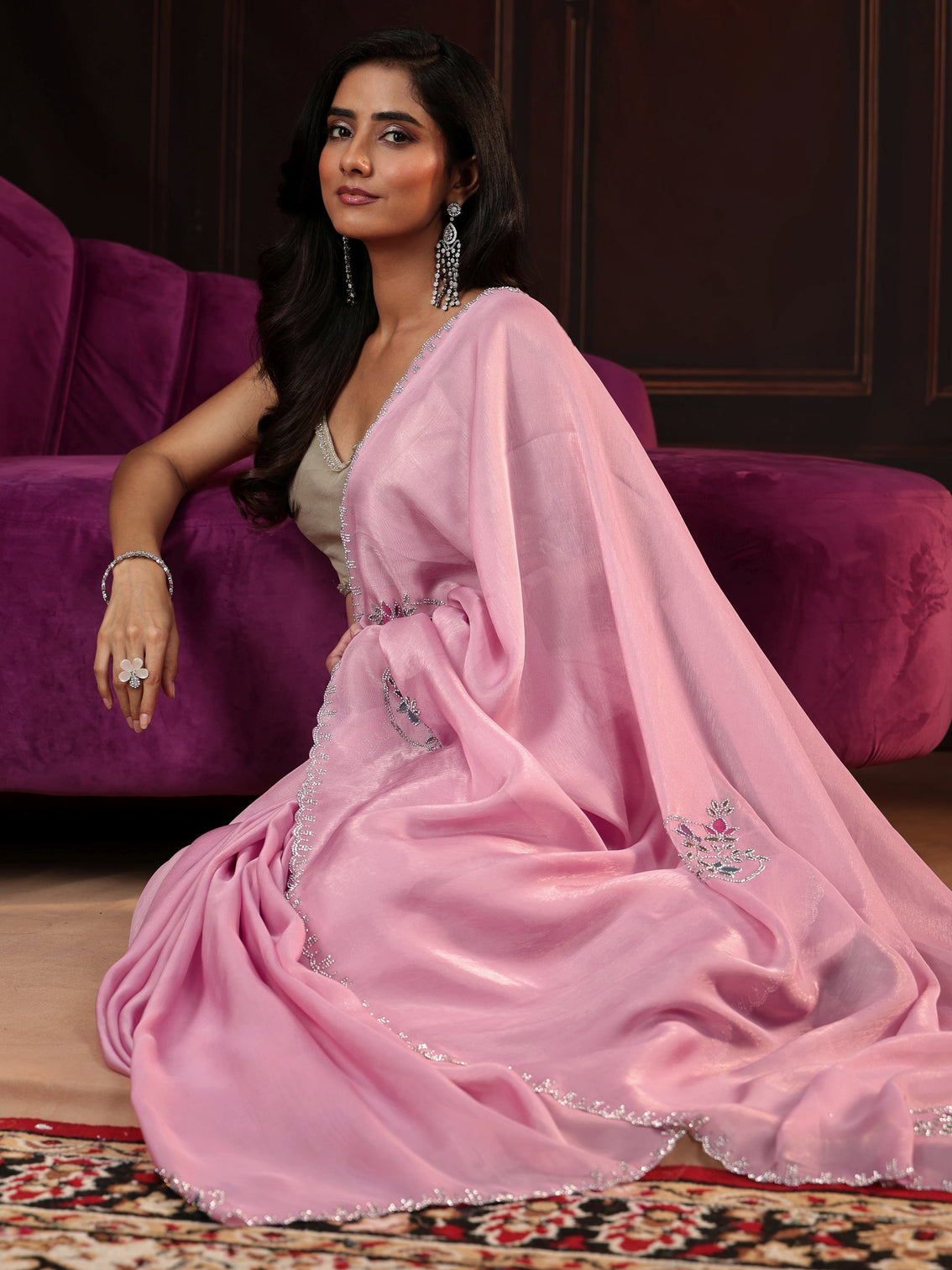 Mameraa Baby Pink Floral Embellished Tissue Saree