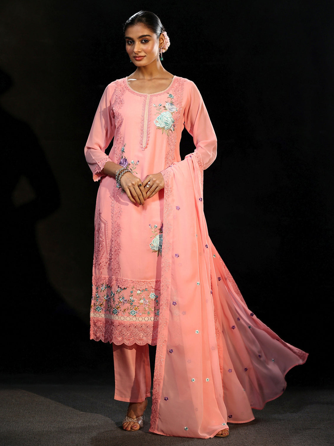 Mameraa Baby Pink Floral Embroidered Georgette Straight Suit Set