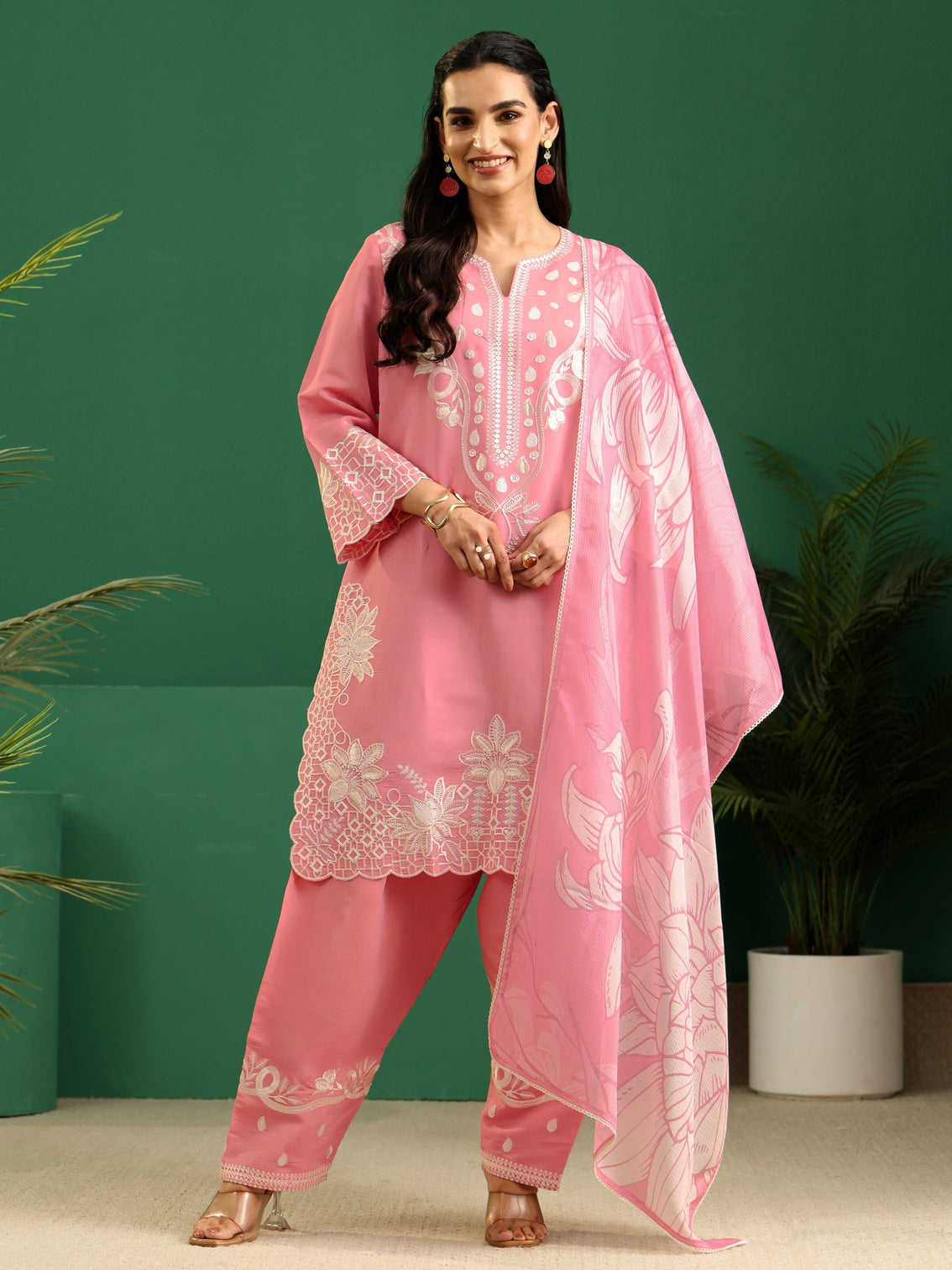 Mameraa Baby Pink Floral Embroidered Silk Blend Farshi Suit Set