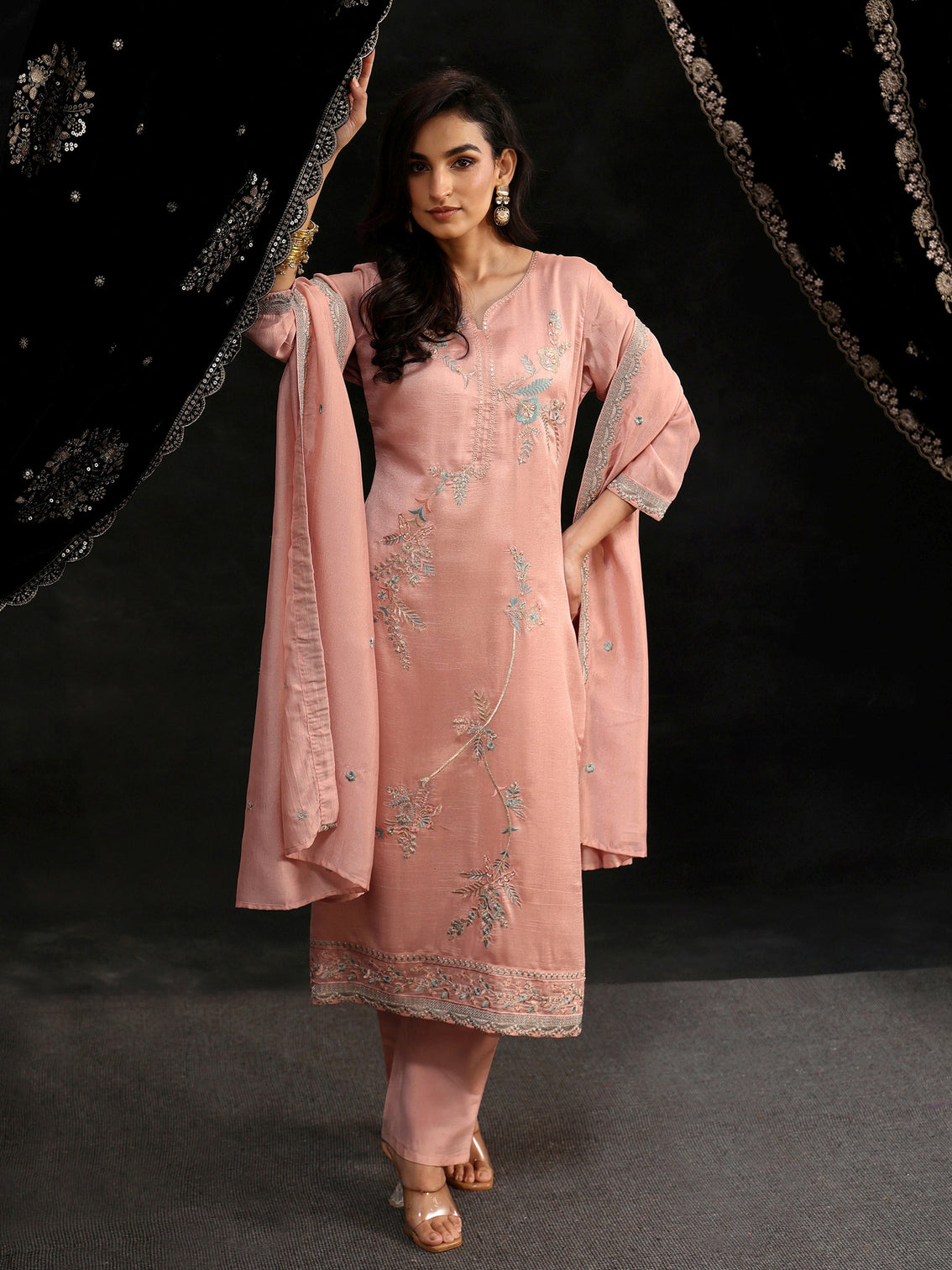 Mameraa Baby Pink Floral Embroidered Silk Blend Straight Suit Set