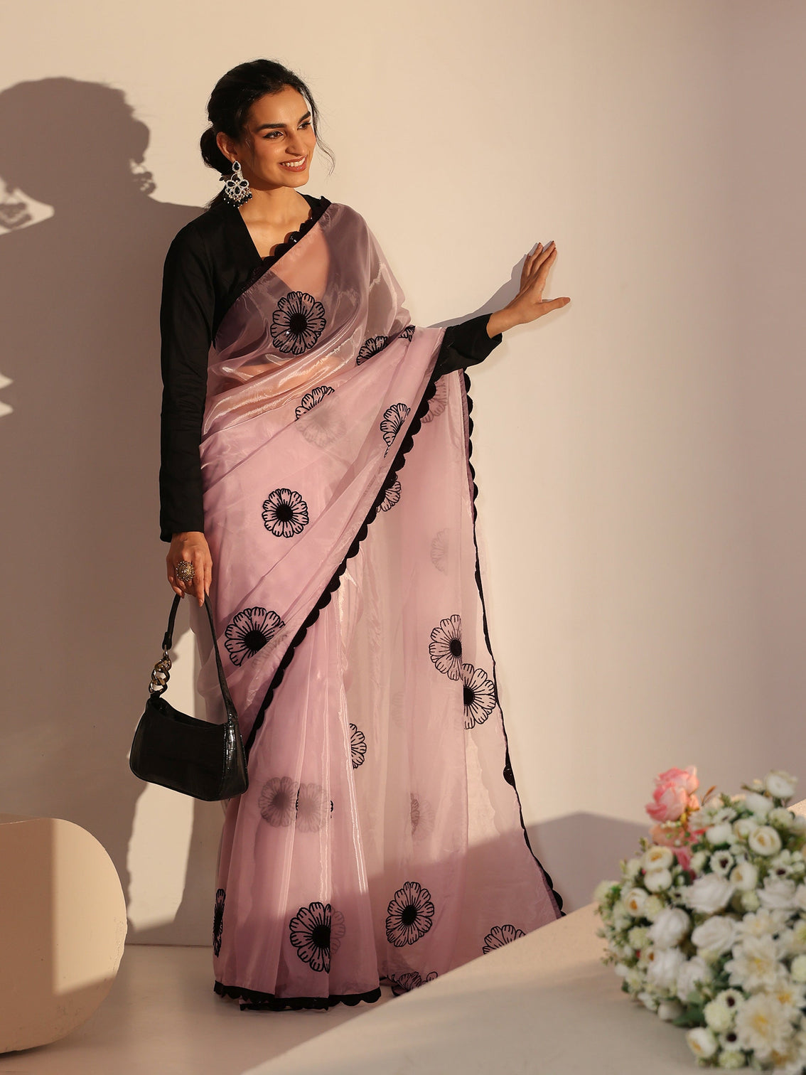 Mameraa Baby Pink Floral Embroidered Tissue Saree with Scalloped Border - Mameraa