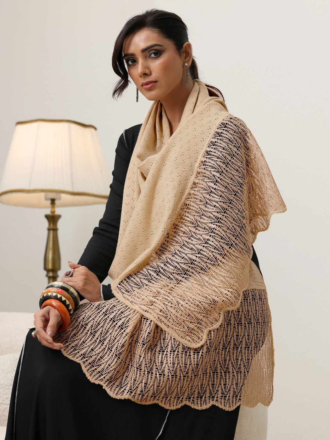 Mameraa Beige Acrylic Wrap Shawl with Lace Border