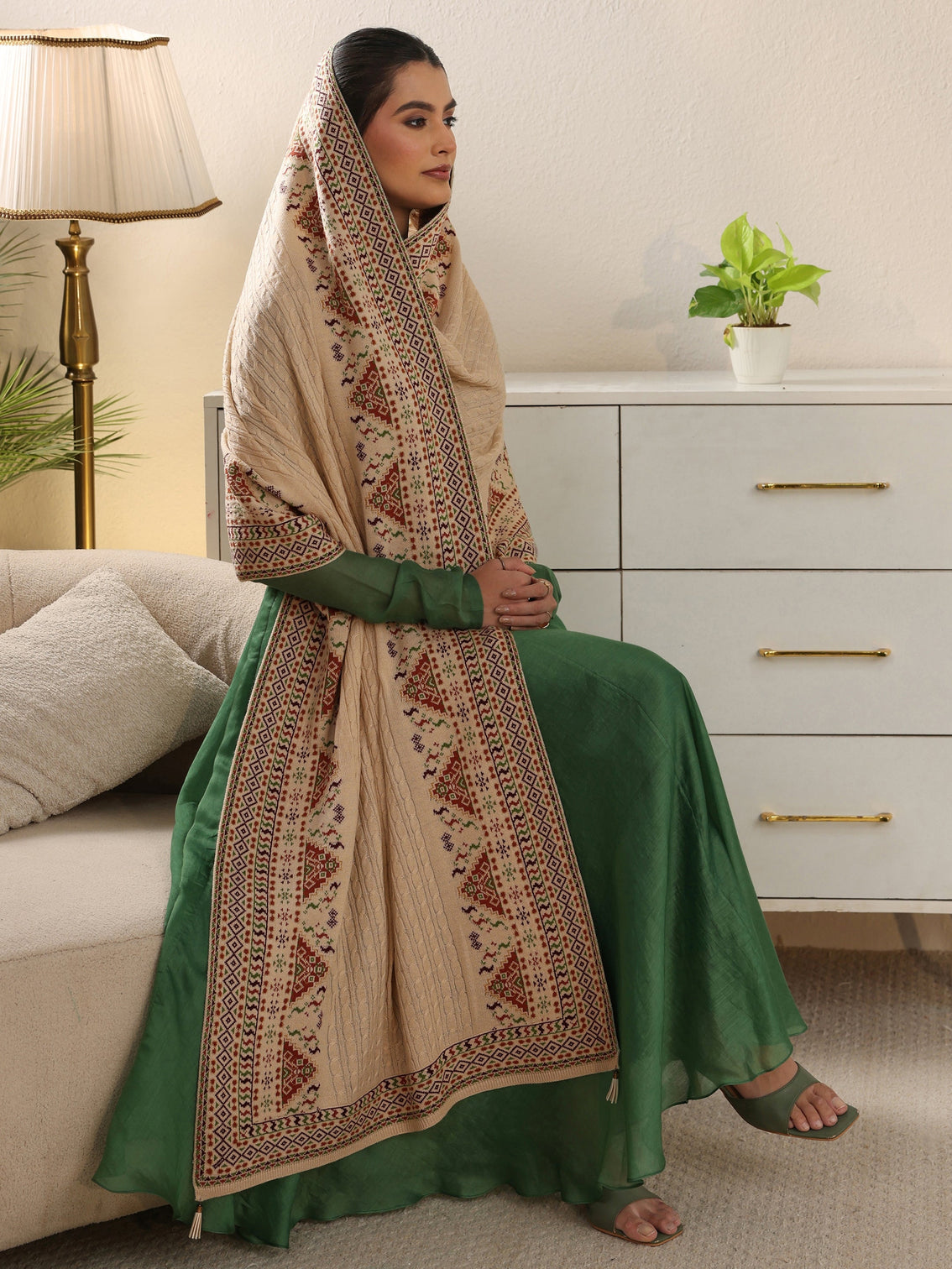 Mameraa Beige Cable Knit Acrylic Wrap Shawl