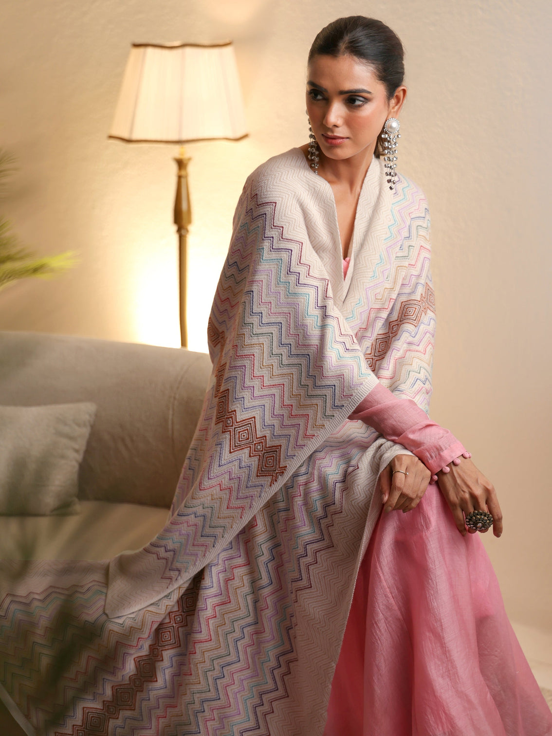 Mameraa Beige Chevron Knitted Acrylic Wrap Shawl