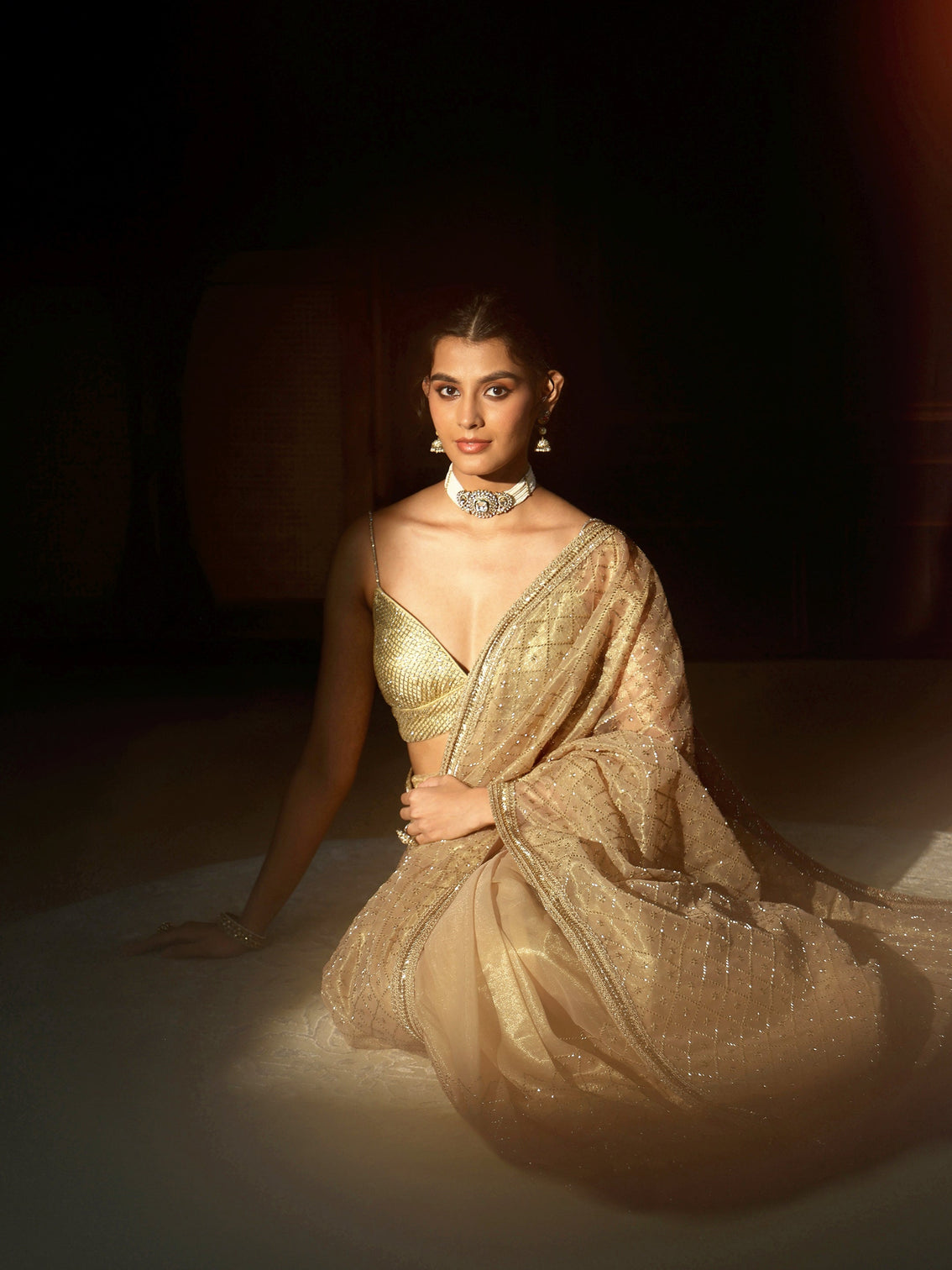 Mameraa Beige Embellished Jaal Work Net Saree