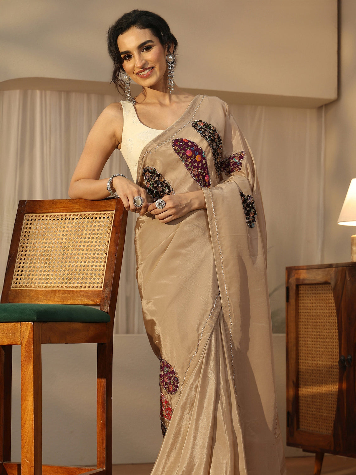 Mameraa Beige Embellished Satin Saree with Applique Design