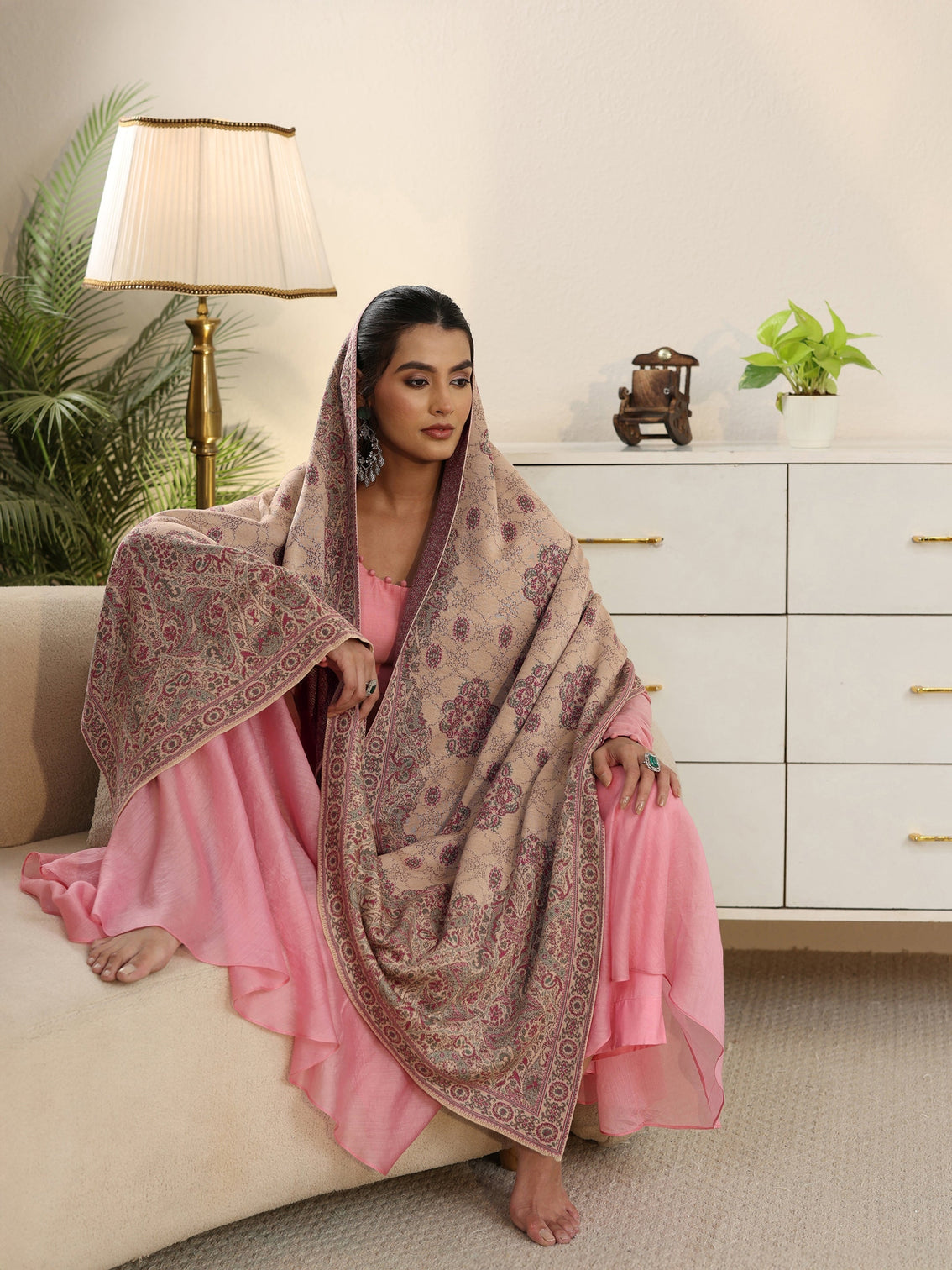Mameraa Beige Ethnic Embroidered Acrylic Wrap Shawl