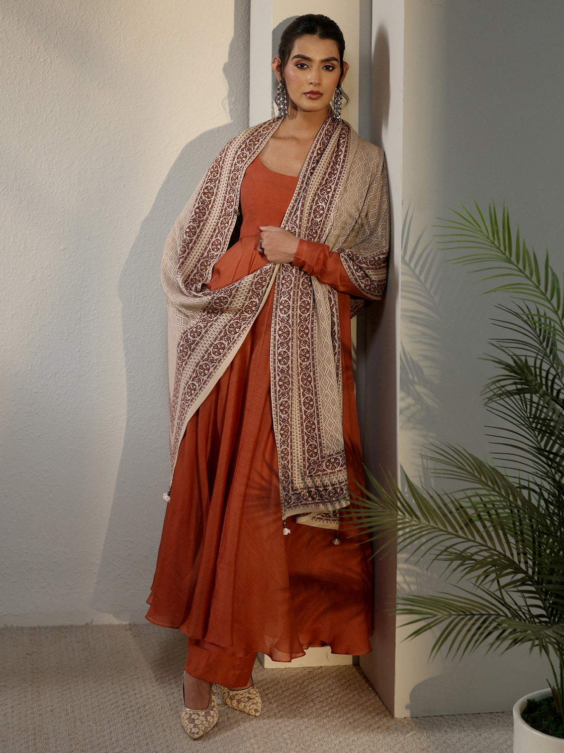 Mameraa Beige Ethnic Embroidered Acrylic Wrap Shawl