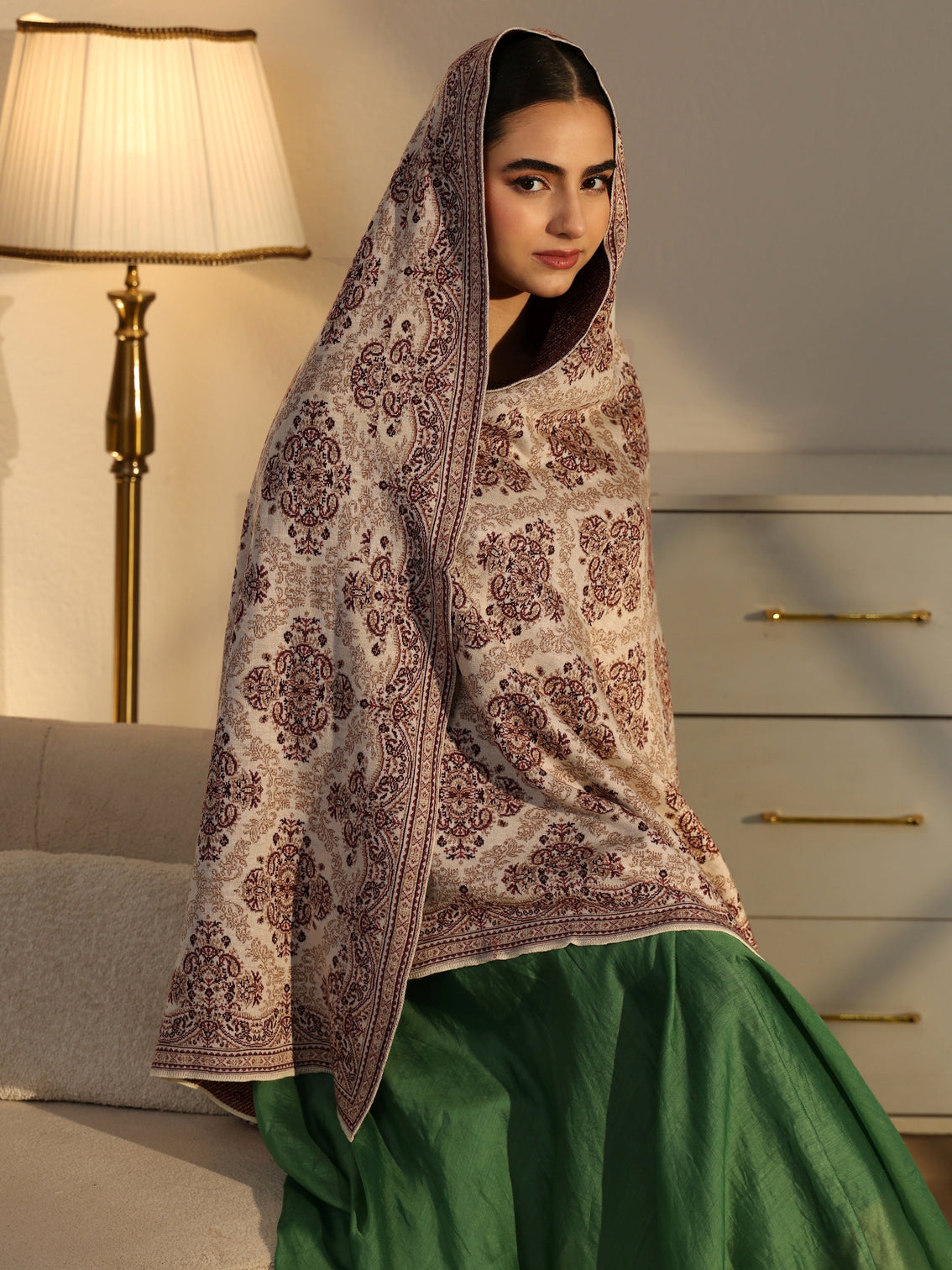Mameraa Beige Ethnic Knitted Acrylic Shawl - Mameraa