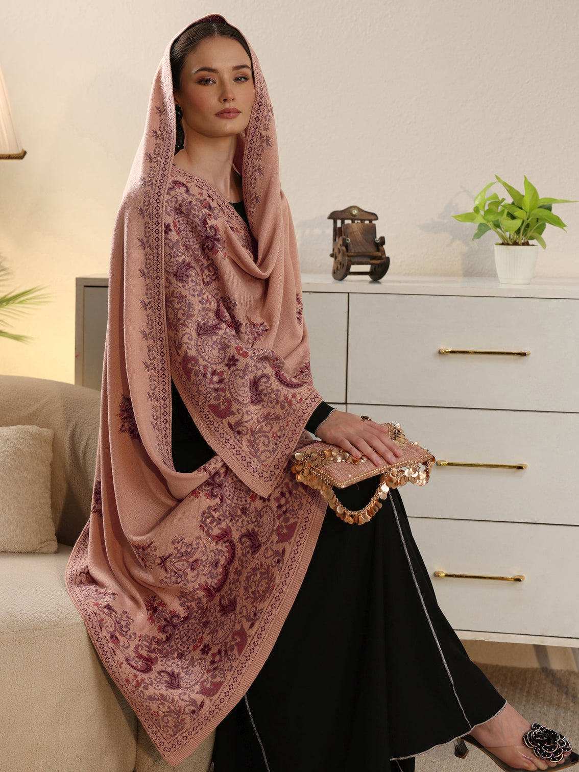 Mameraa Beige Ethnic Knitted Acrylic Shawl