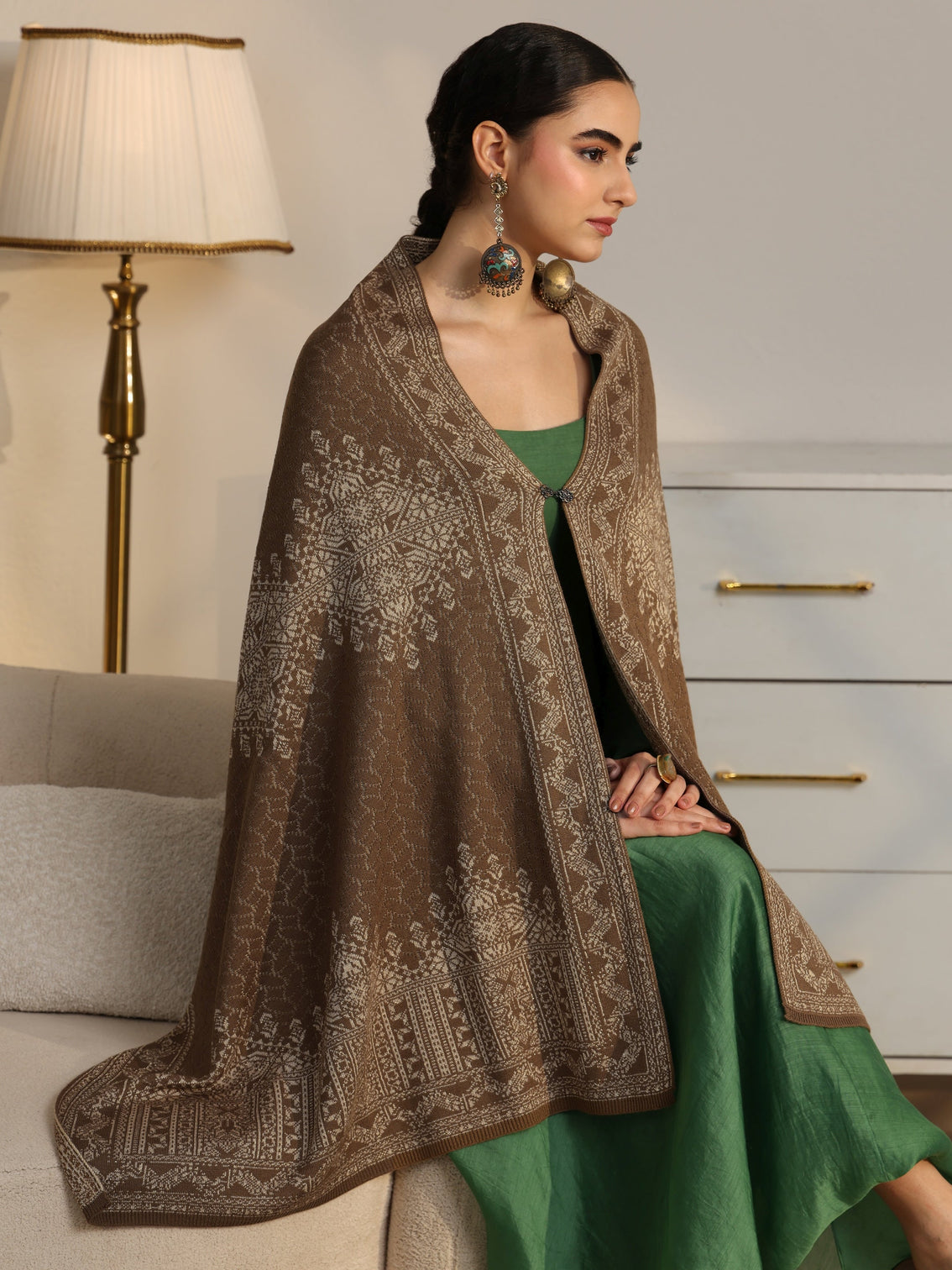 Mameraa Beige Ethnic Knitted Acrylic Wrap Shawl