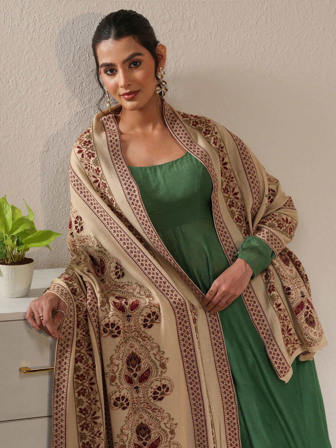 Mameraa Beige Ethnic Knitted Acrylic Wrap Shawl