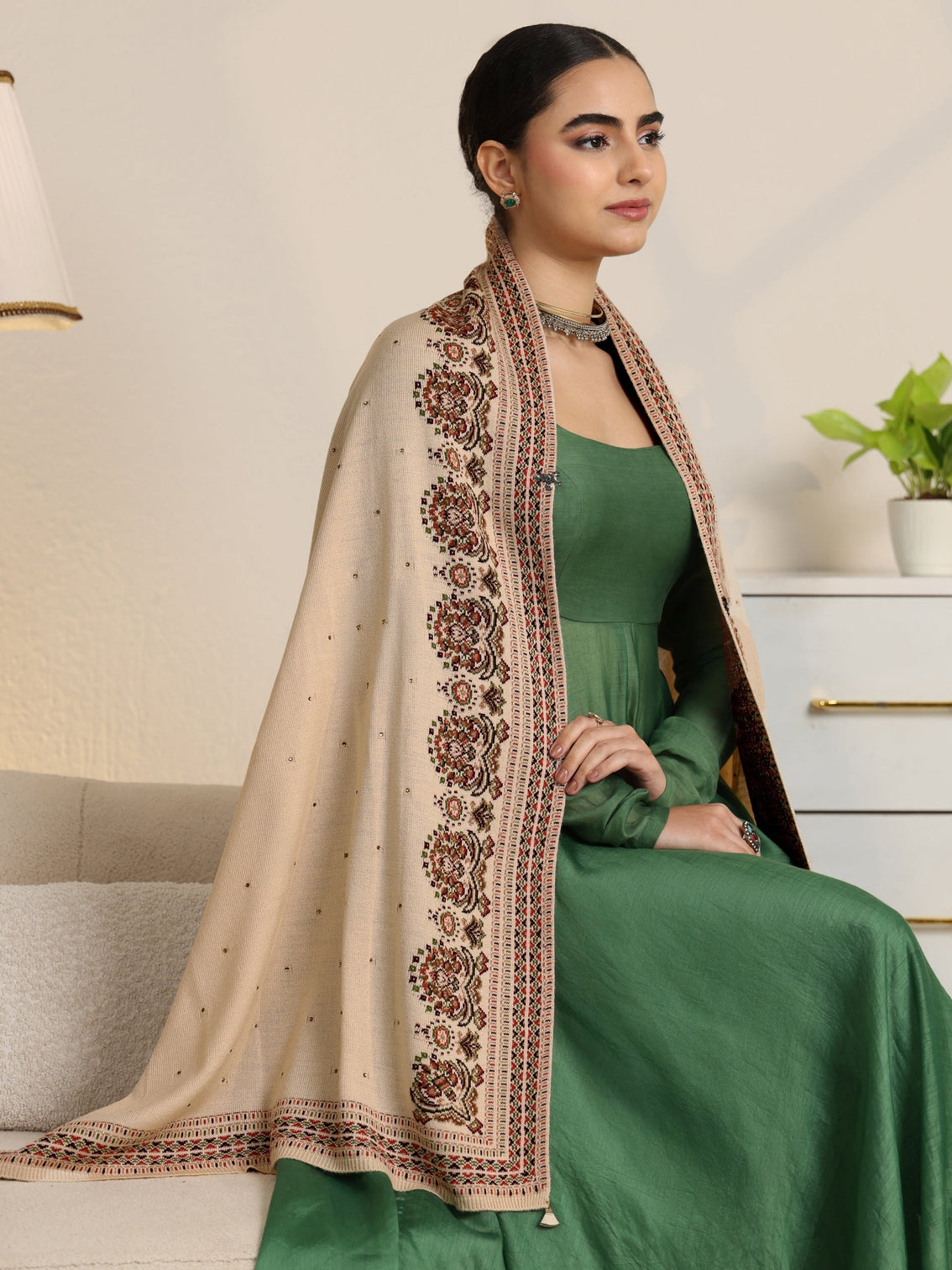 Mameraa Beige Ethnic Knitted Acrylic Wrap Shawl