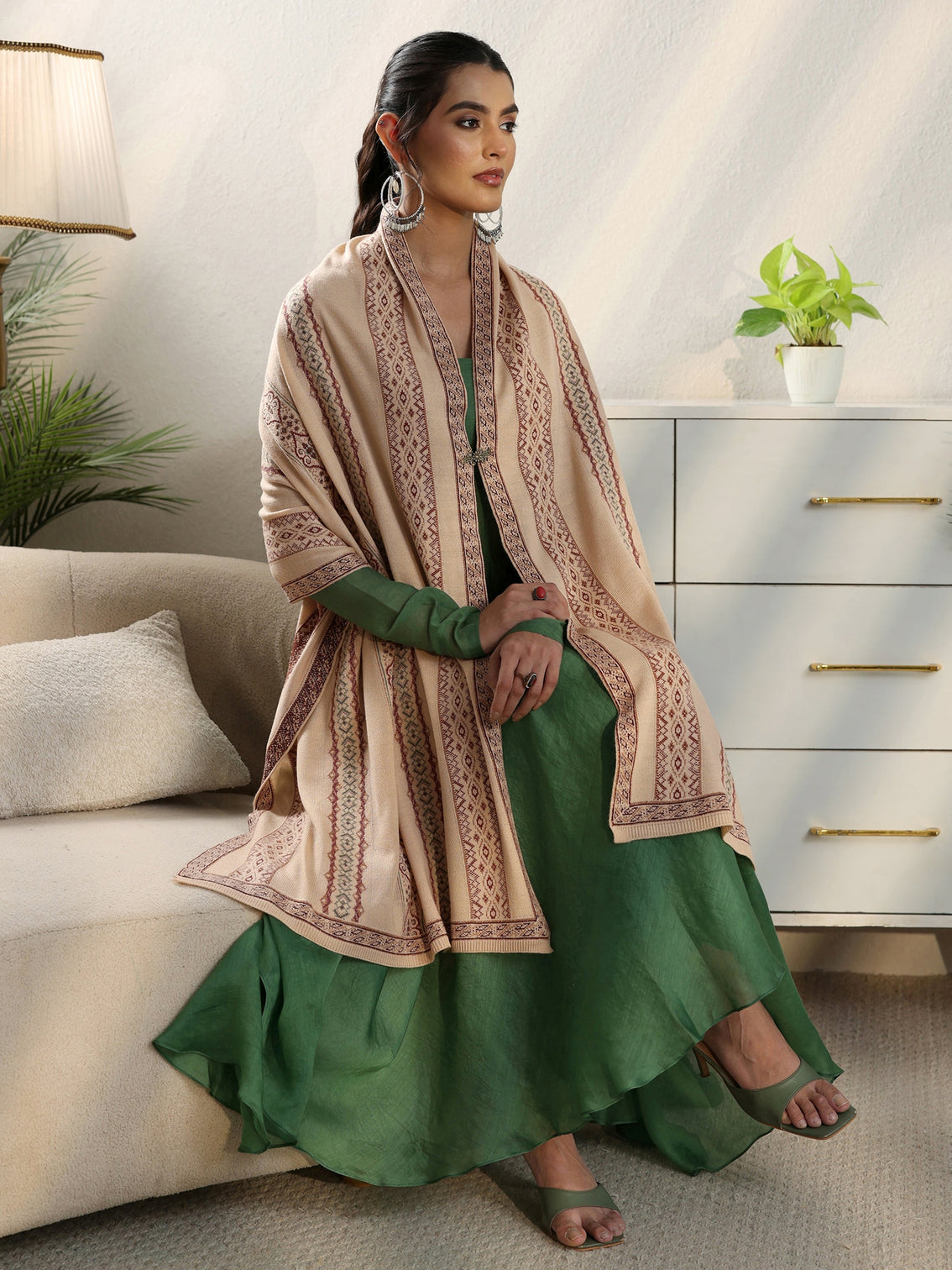 Mameraa Beige Ethnic Knitted Acrylic Wrap Shawl