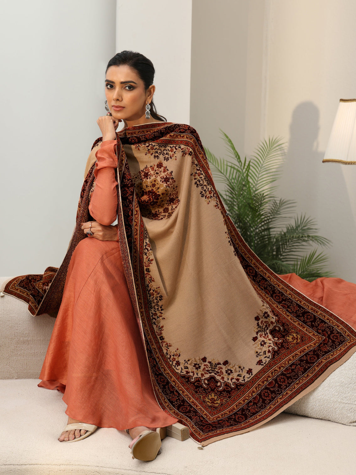 Mameraa Beige Ethnic Knitted Acrylic Wrap Shawl