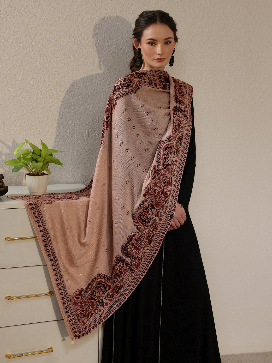 Mameraa Beige Ethnic Mesh Knitted Acrylic Wrap Shawl
